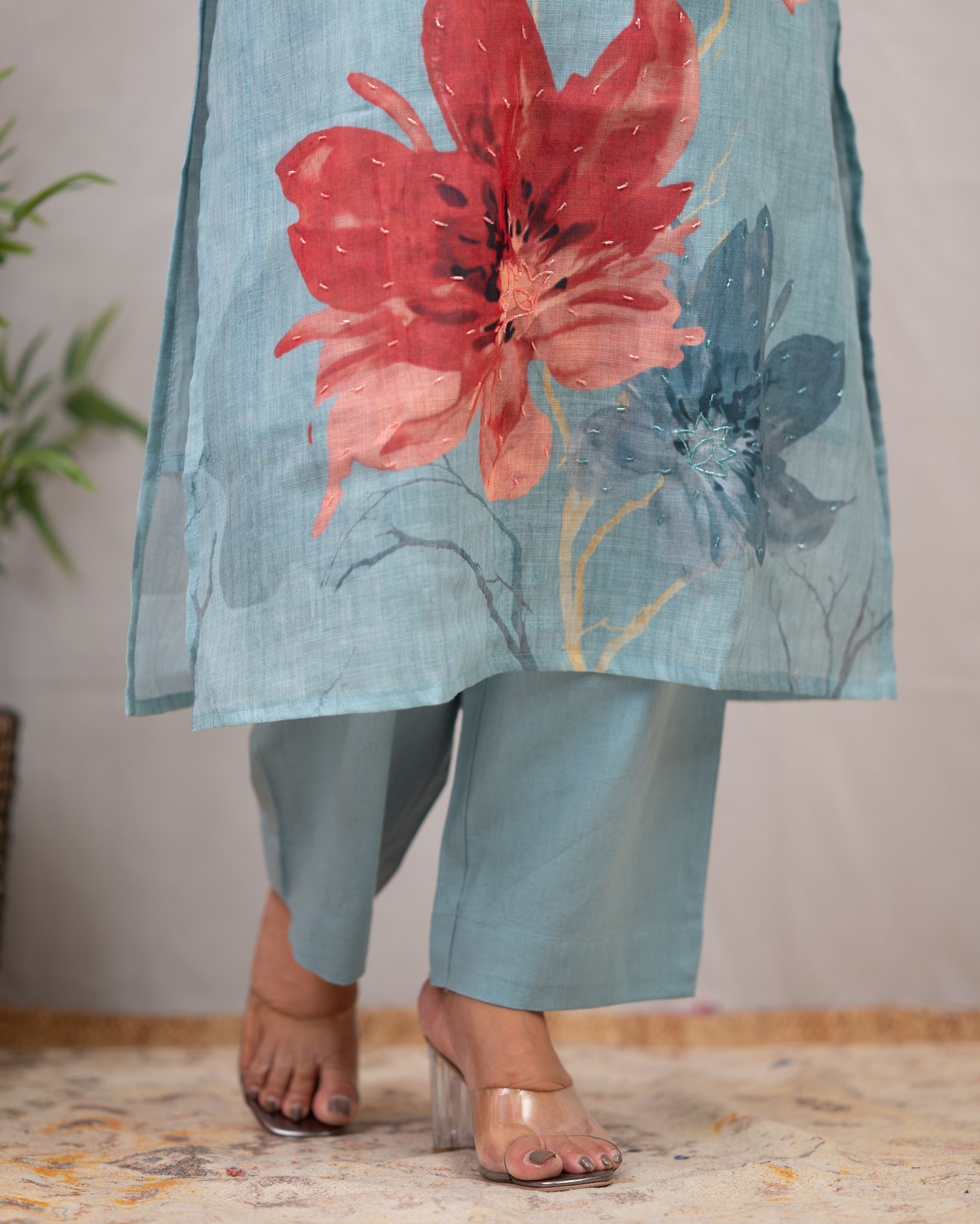 Linen Hand work brush Painted Pant Set