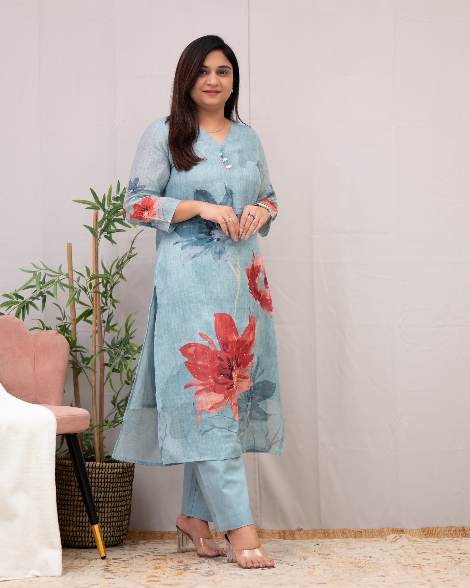 Linen Hand work brush Painted Pant Set