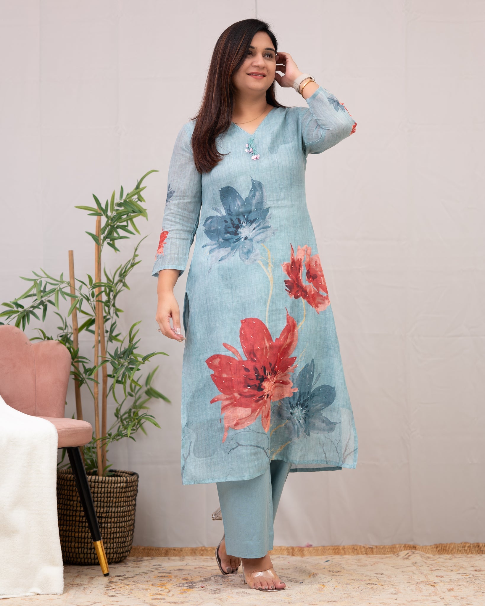 Linen Hand work brush Painted Pant Set