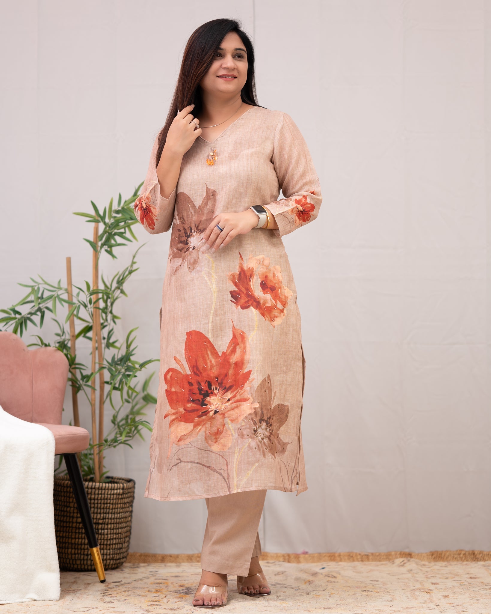 Linen Hand work brush Painted Pant Set
