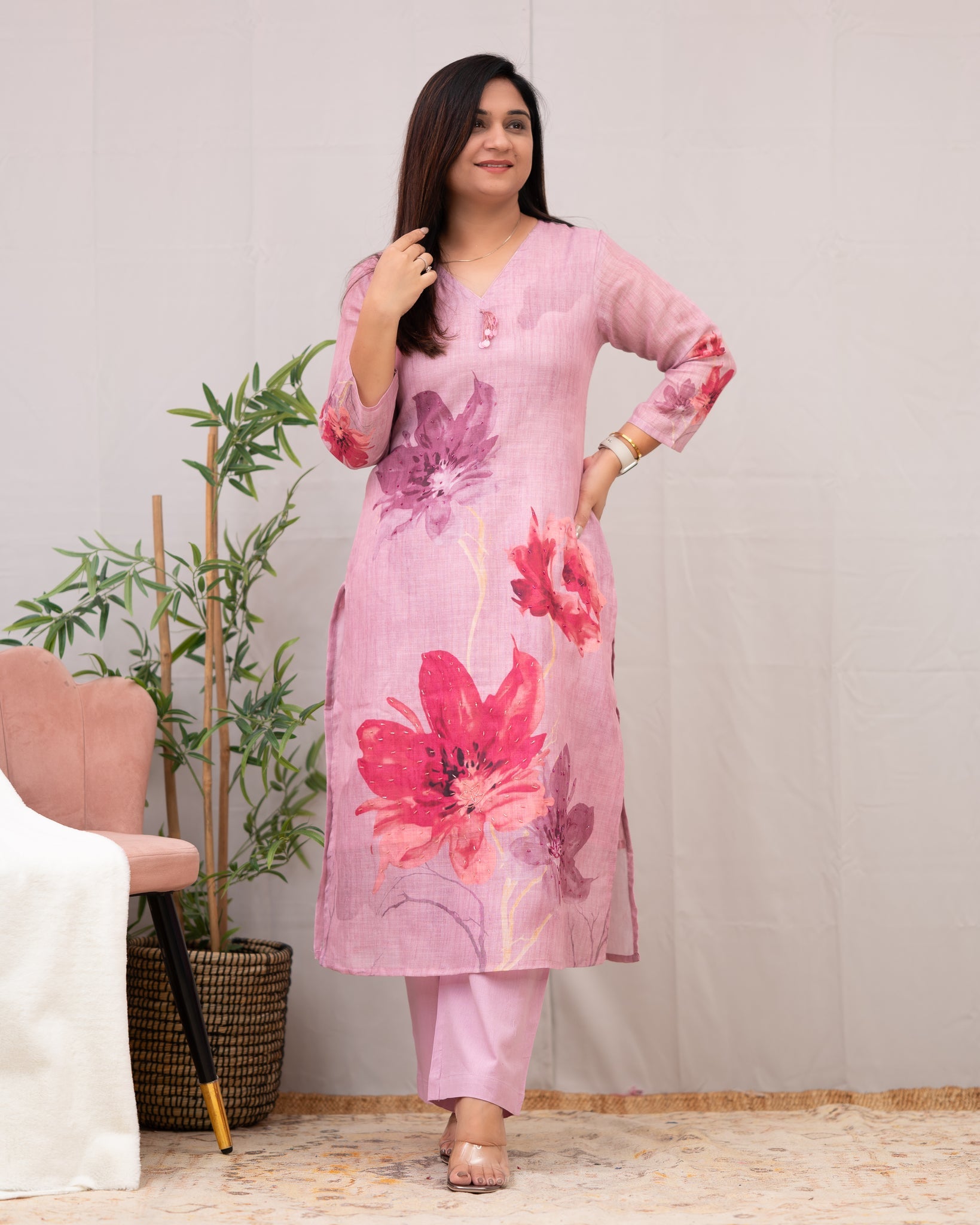 Linen Hand work brush Painted Pant Set
