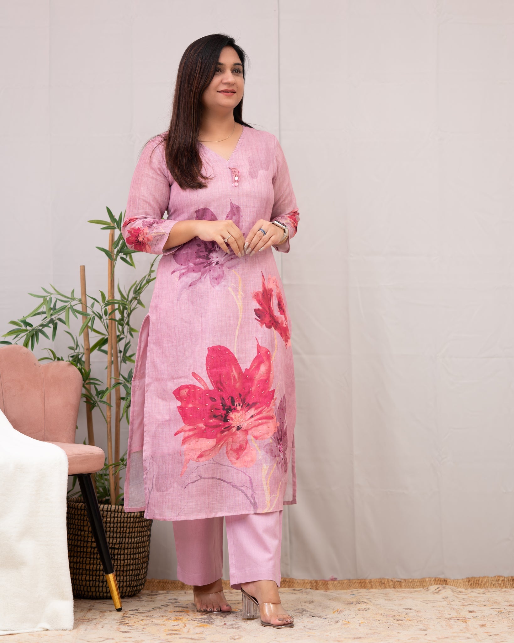 Linen Hand work brush Painted Pant Set