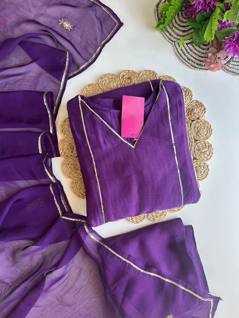 K070 - Mul Chanderi handwork Aline Kurti with pants and dupatta in
