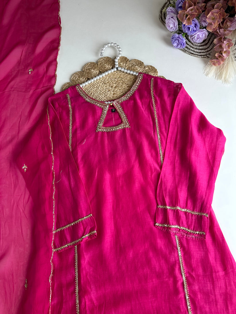Mul Chanderi handwork Aline Kurti with pants and dupatta
