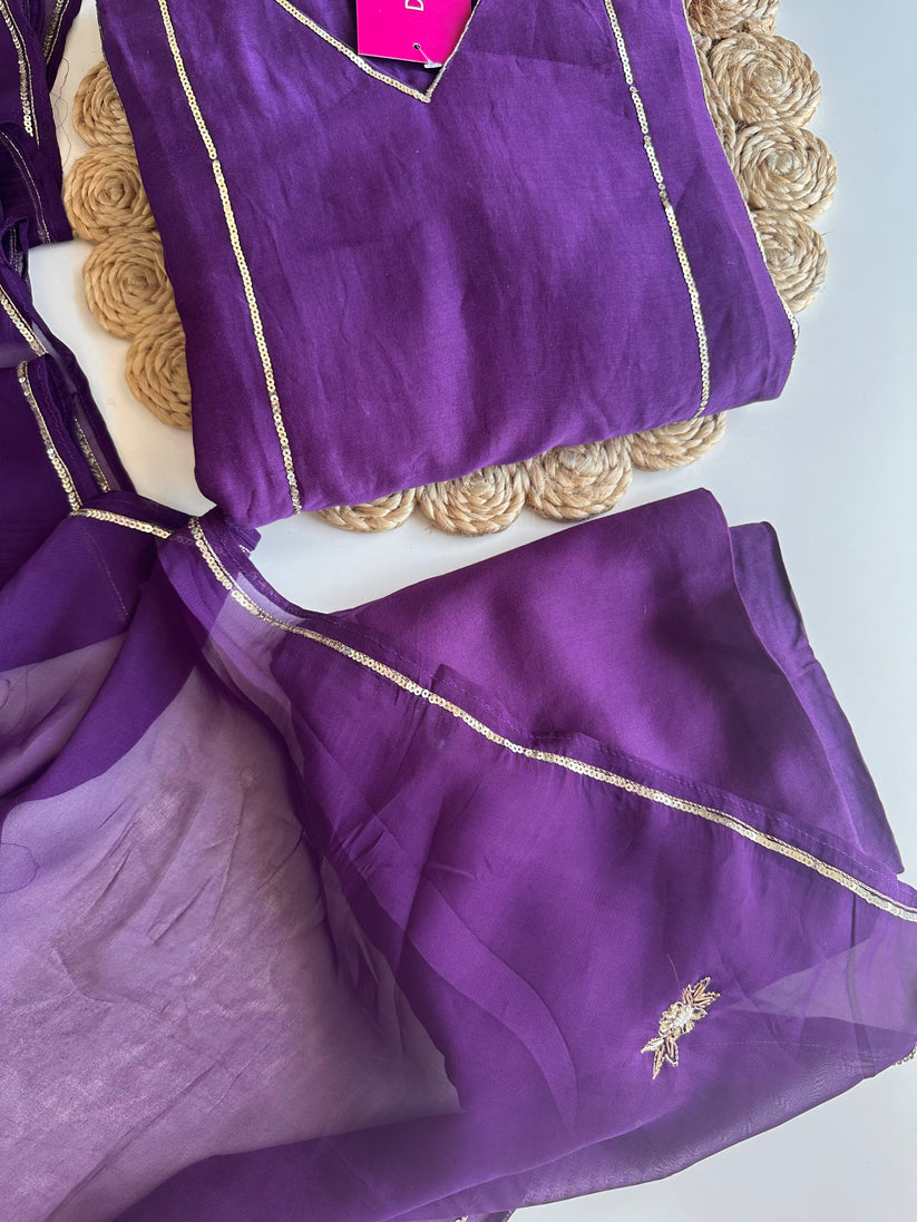 K070 - Mul Chanderi handwork Aline Kurti with pants and dupatta in