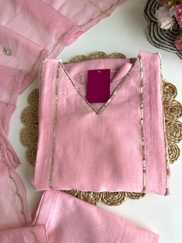 K070 - Mul Chanderi handwork Aline Kurti with pants and dupatta in