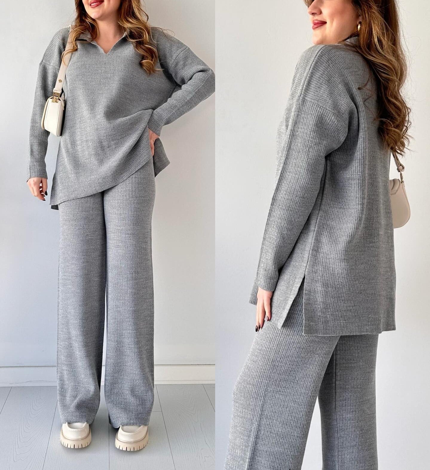 Winter V-Neck Casual Slit Knitted Two-Piece Set