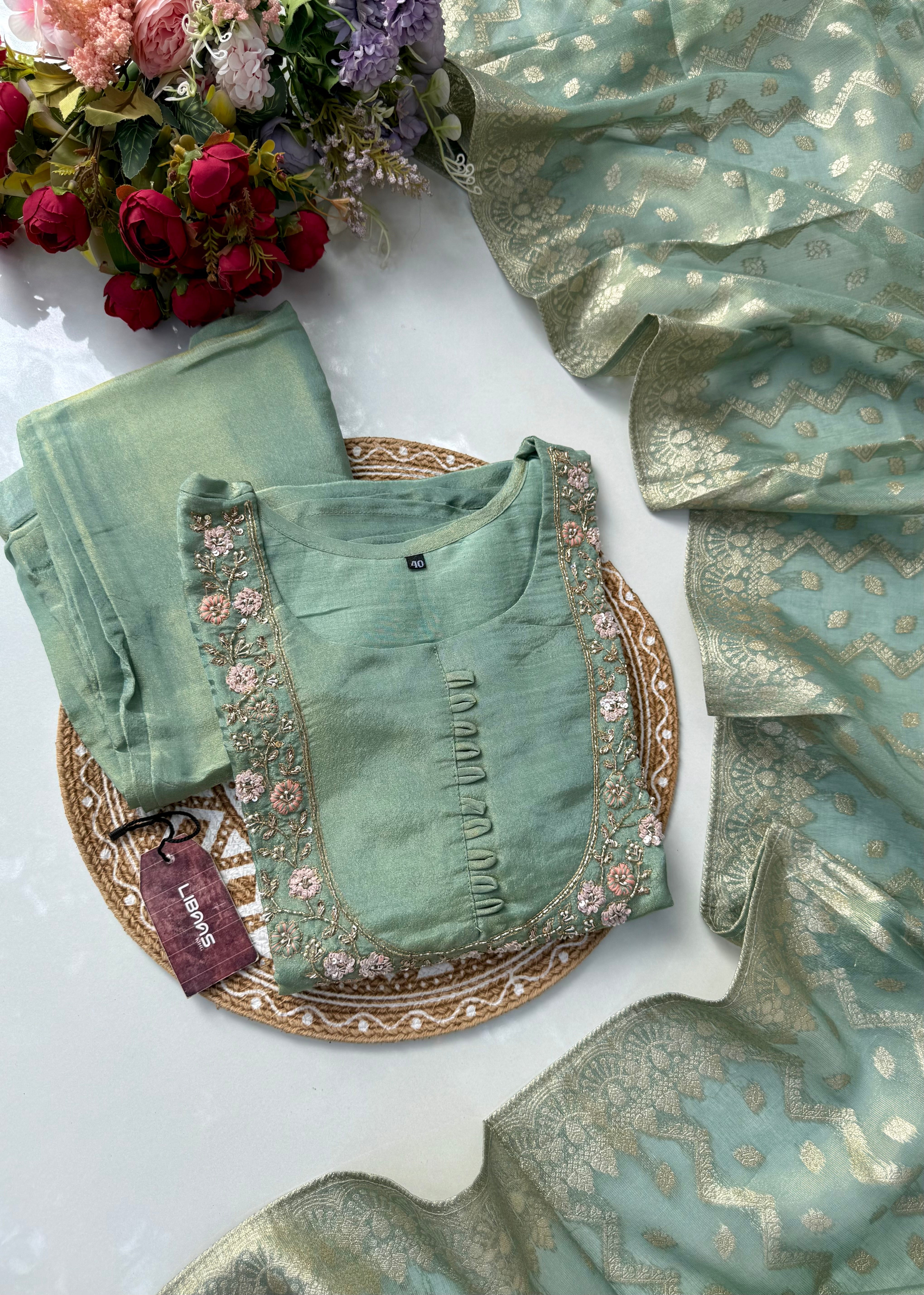 “Nayab” Premium Tissue silk handcrafted kurta set