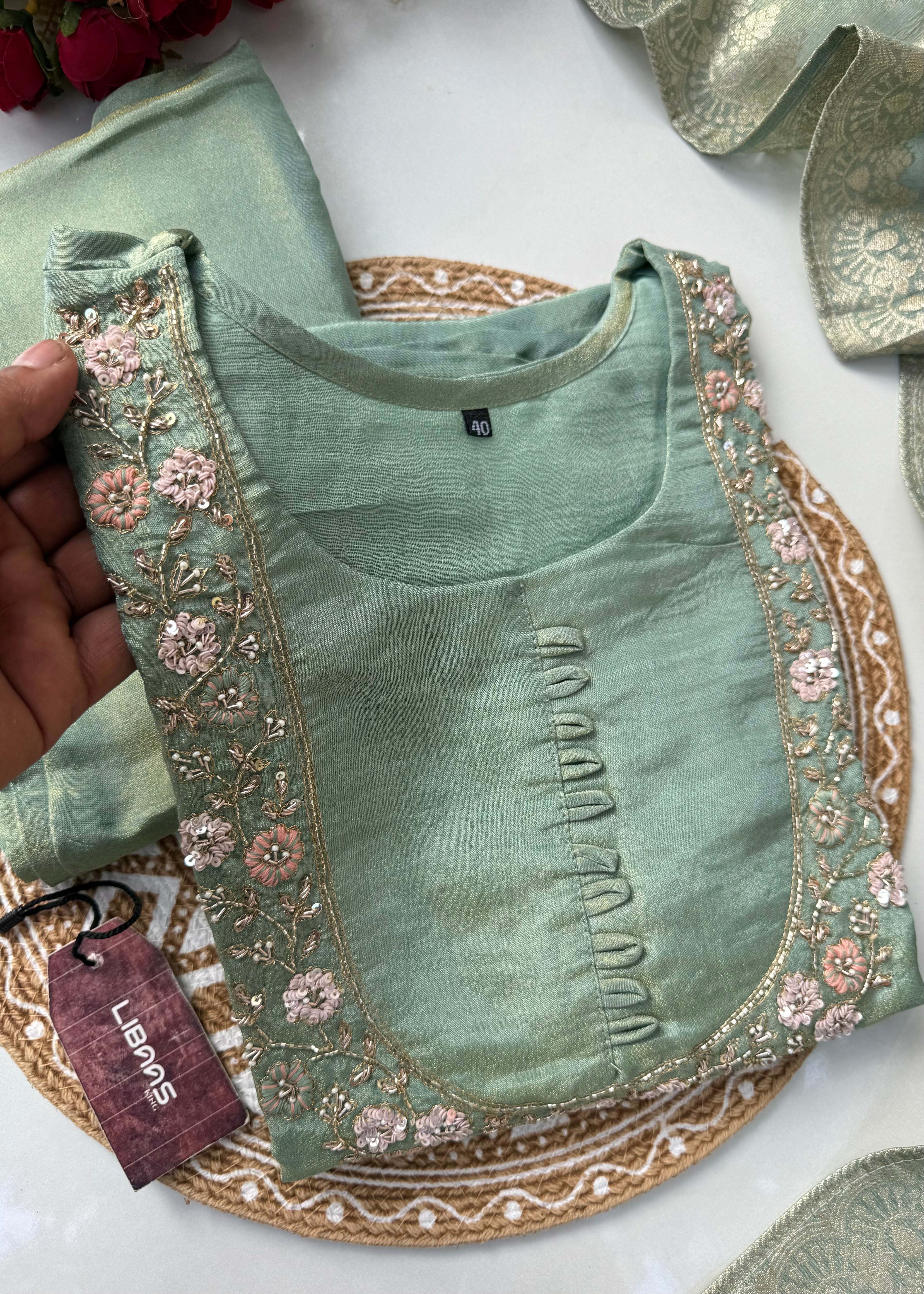“Nayab” Premium Tissue silk handcrafted kurta set
