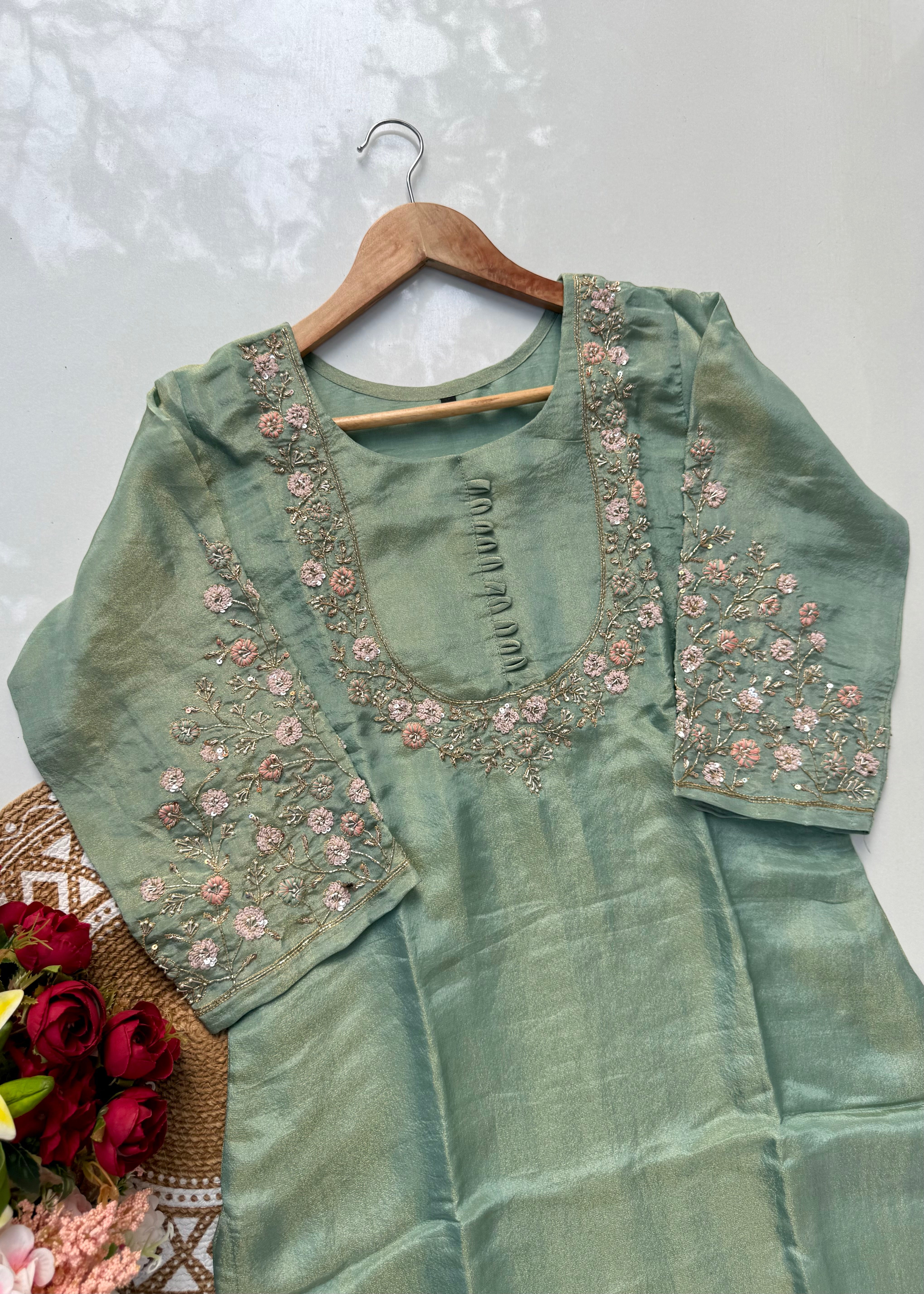 “Nayab” Premium Tissue silk handcrafted kurta set
