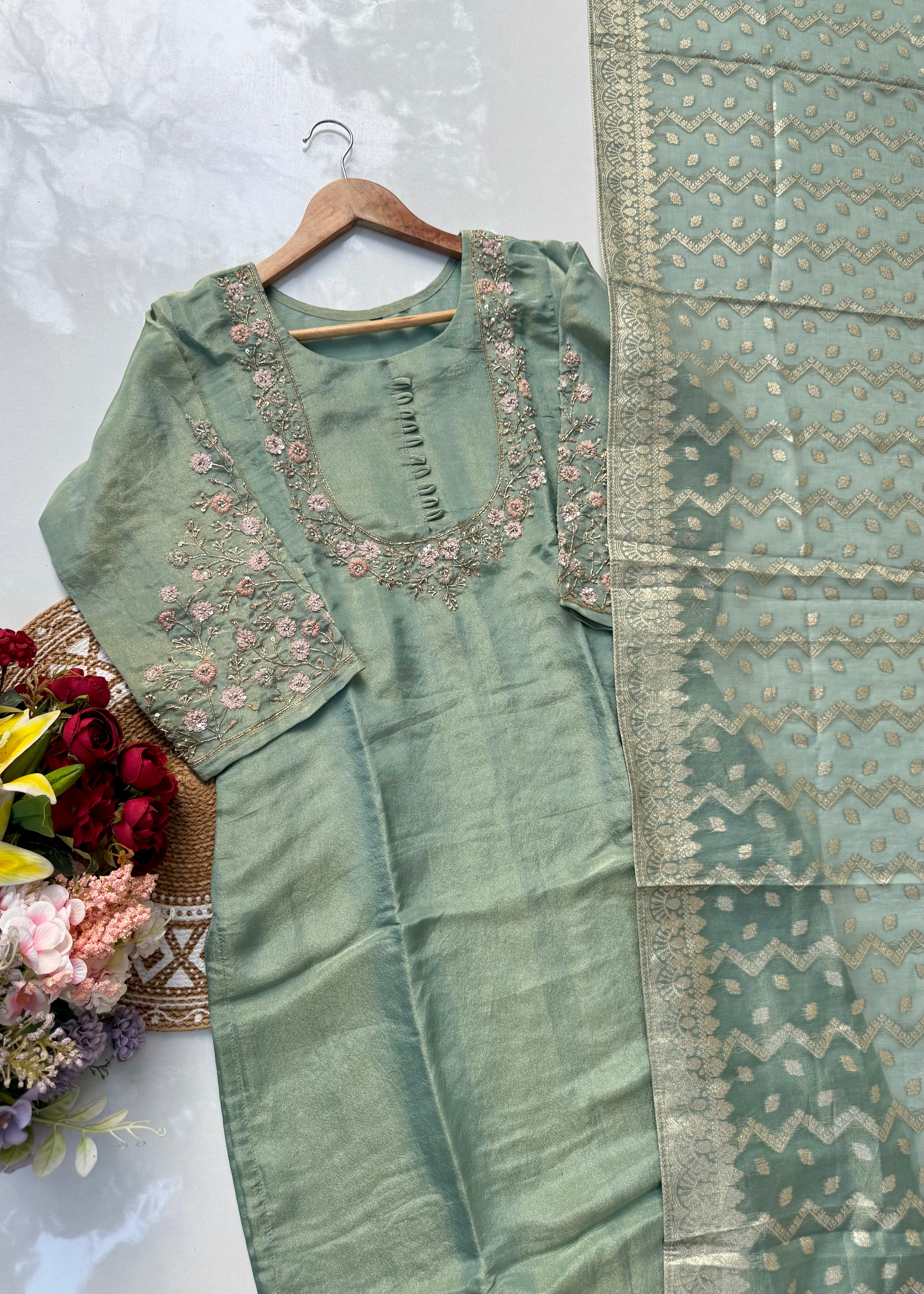 “Nayab” Premium Tissue silk handcrafted kurta set