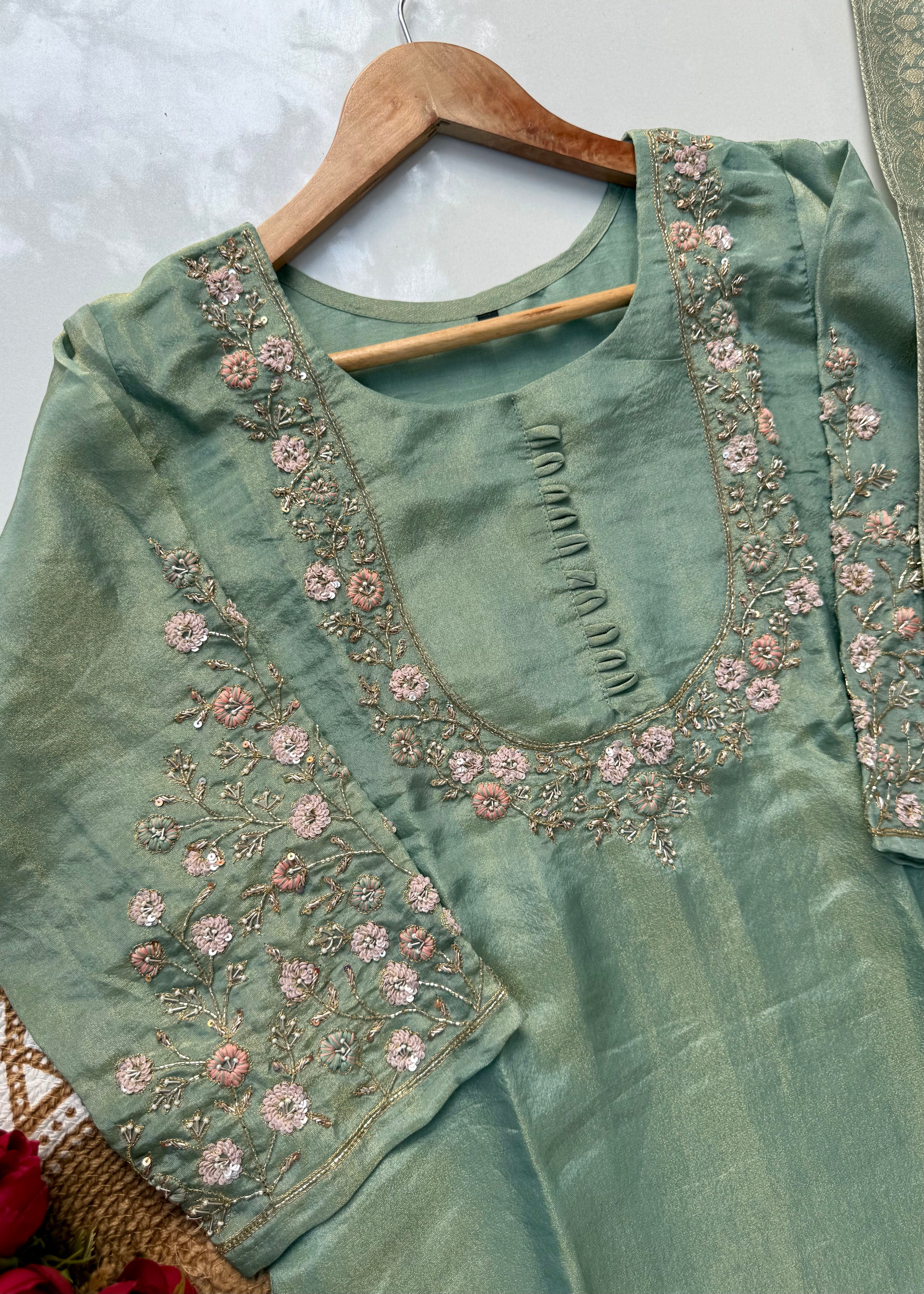 “Nayab” Premium Tissue silk handcrafted kurta set