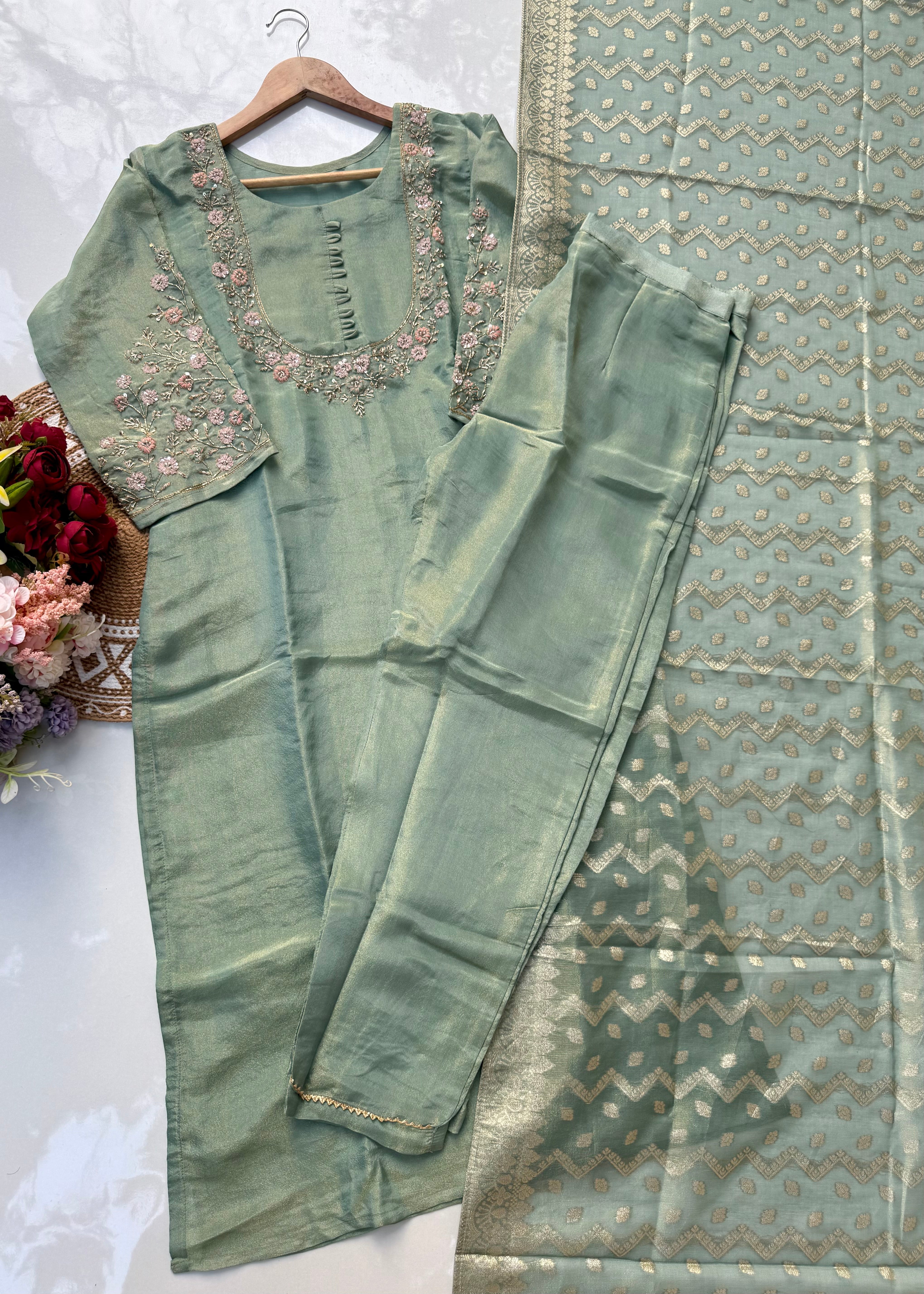 “Nayab” Premium Tissue silk handcrafted kurta set