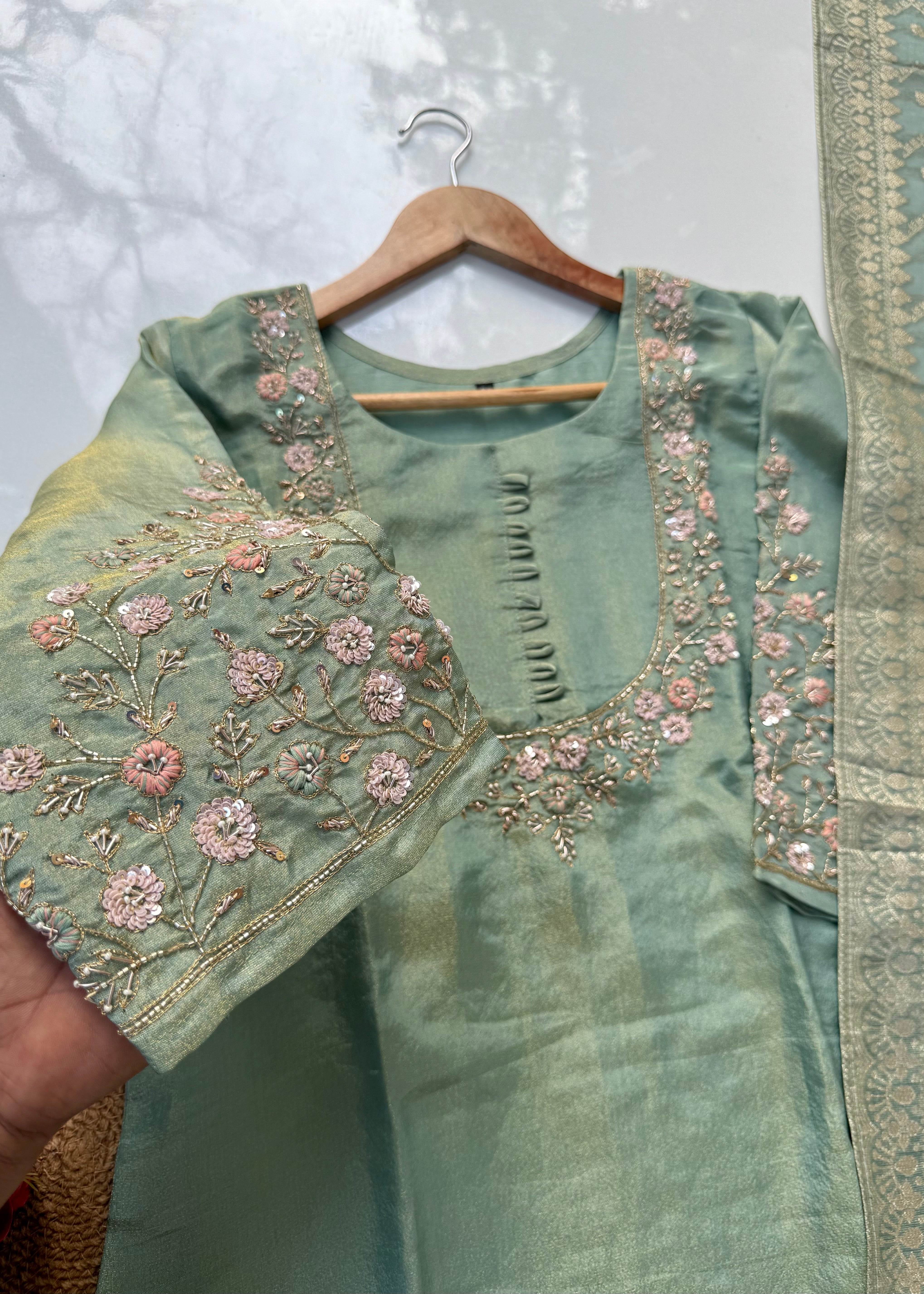 “Nayab” Premium Tissue silk handcrafted kurta set