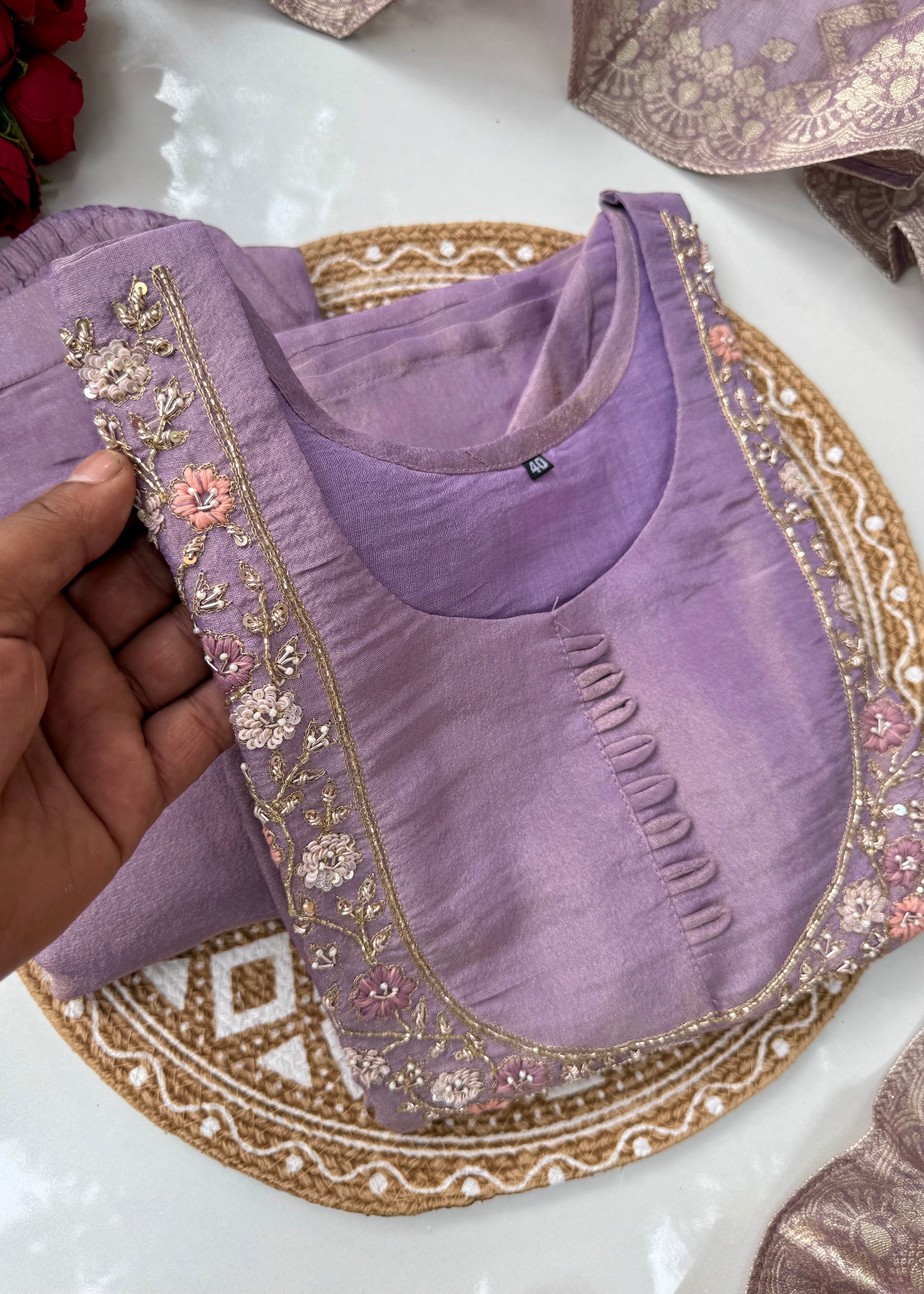 “Nayab” Premium Tissue silk handcrafted kurta set