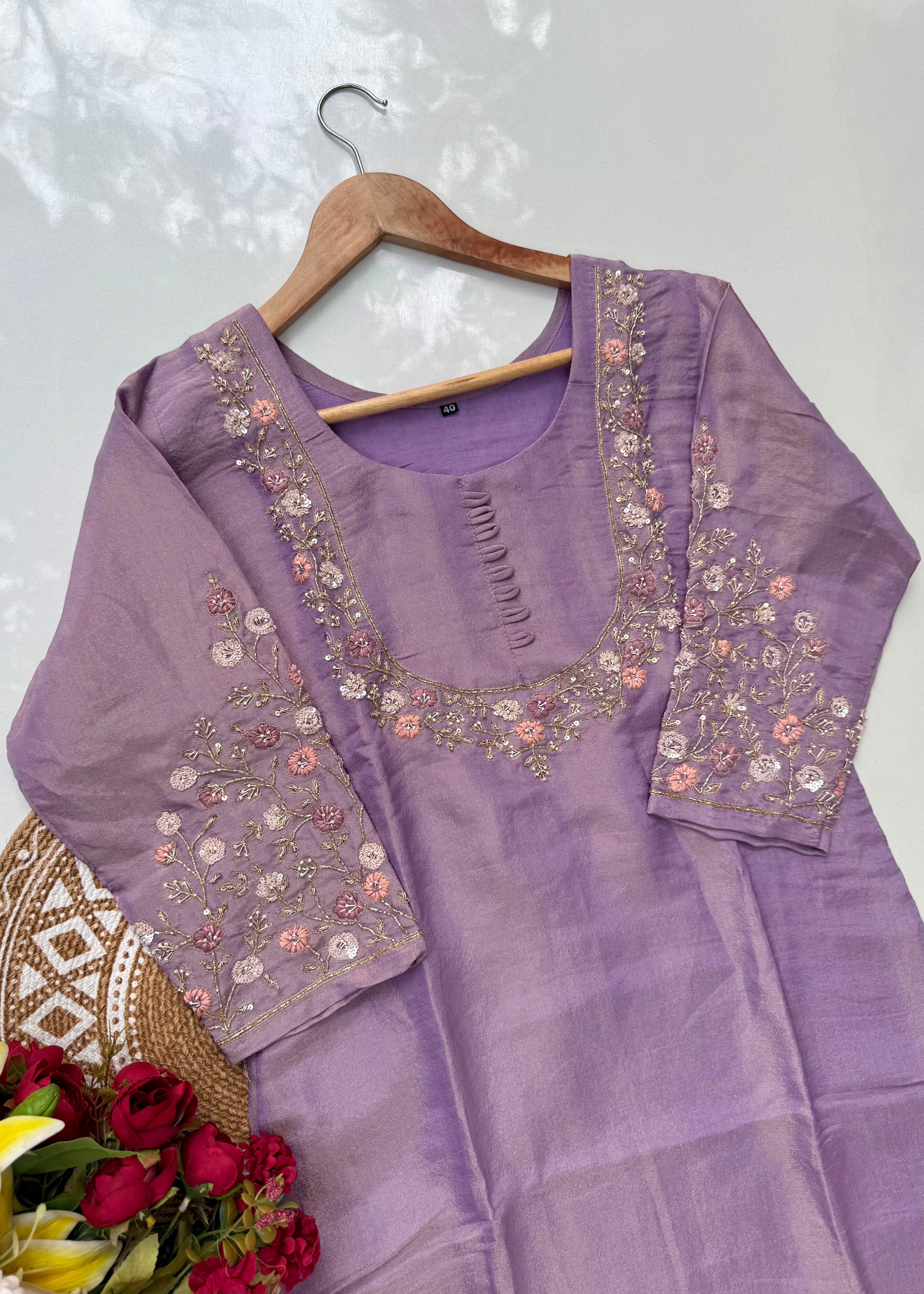 “Nayab” Premium Tissue silk handcrafted kurta set