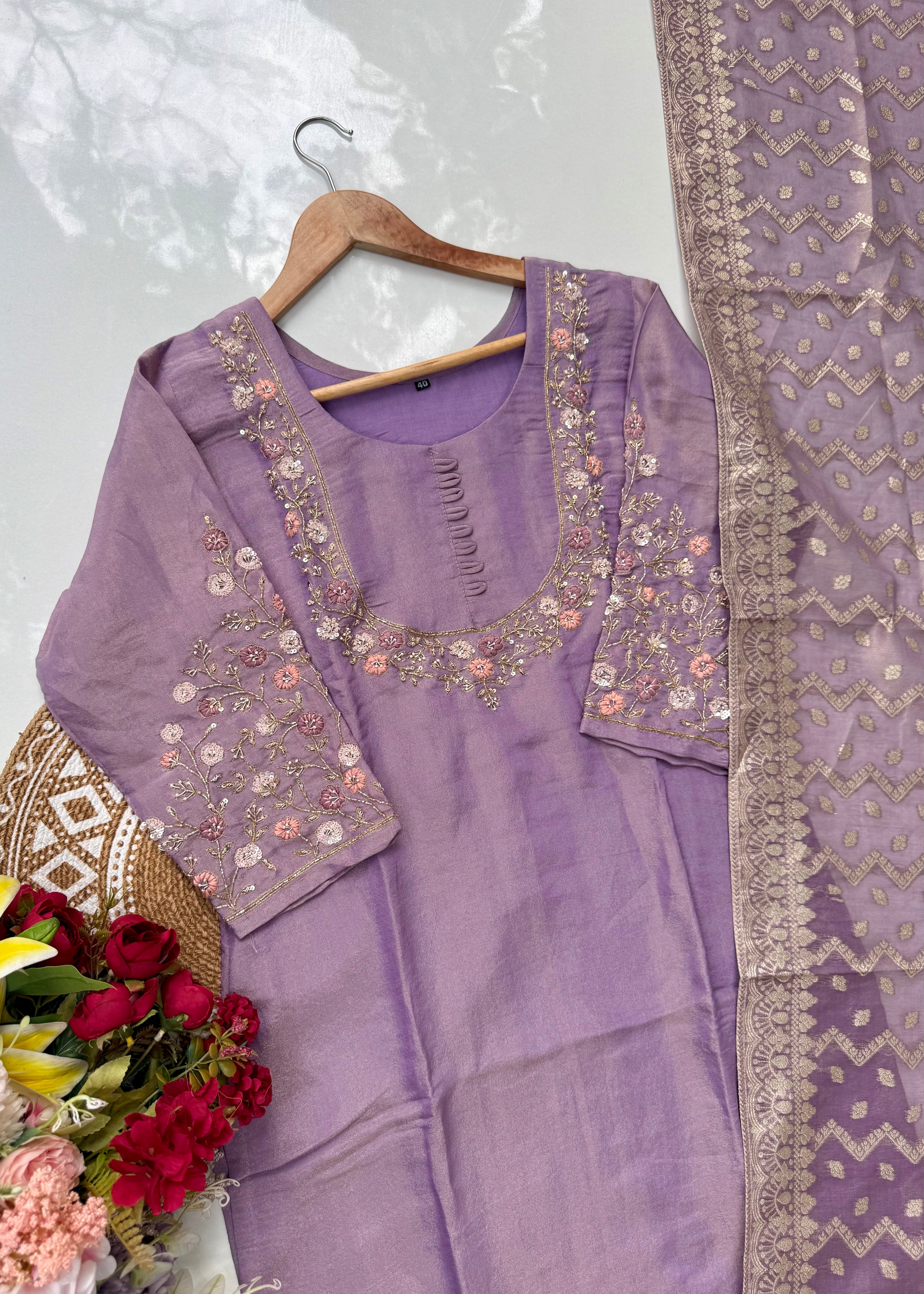 “Nayab” Premium Tissue silk handcrafted kurta set