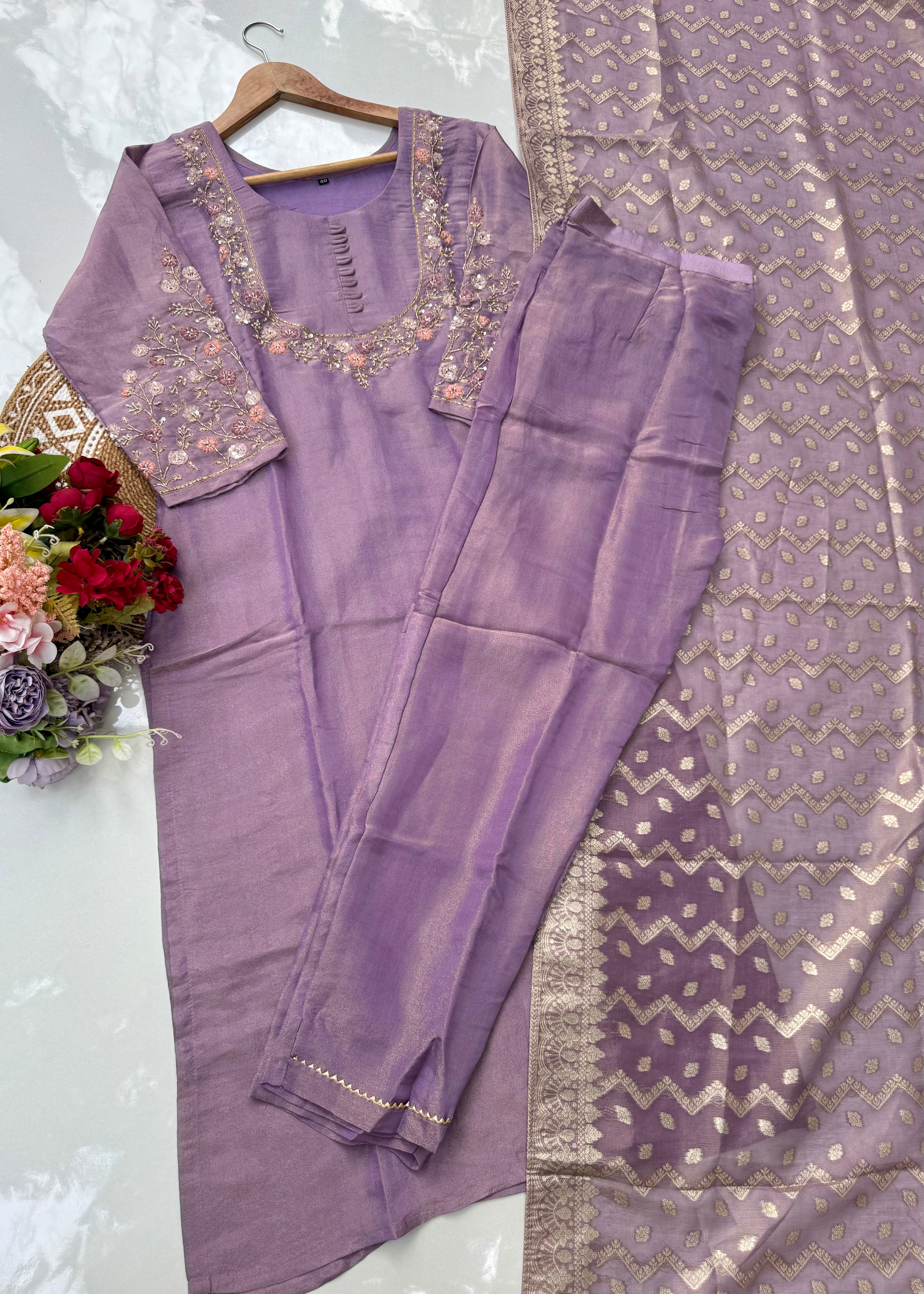 “Nayab” Premium Tissue silk handcrafted kurta set