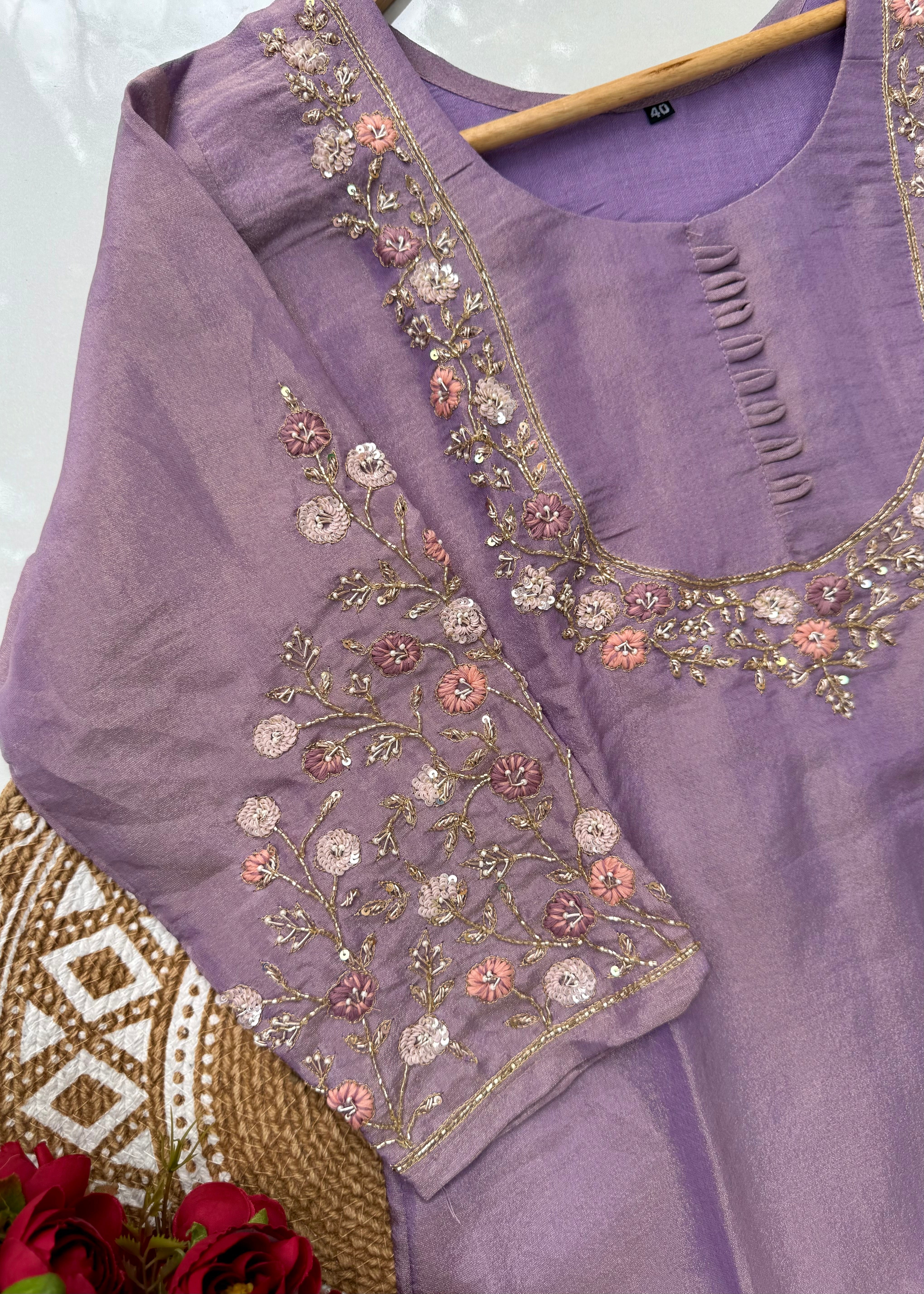 “Nayab” Premium Tissue silk handcrafted kurta set