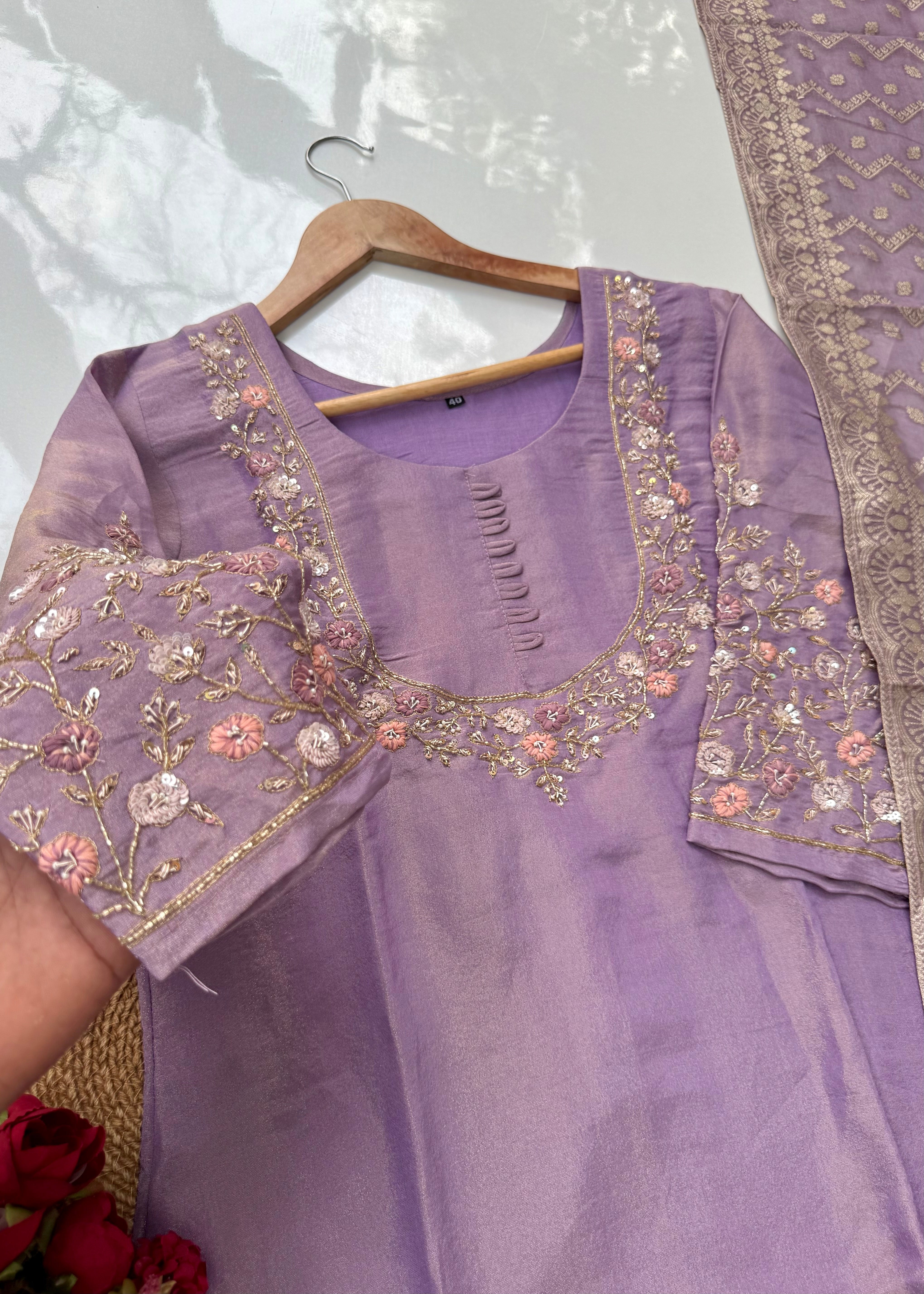 “Nayab” Premium Tissue silk handcrafted kurta set