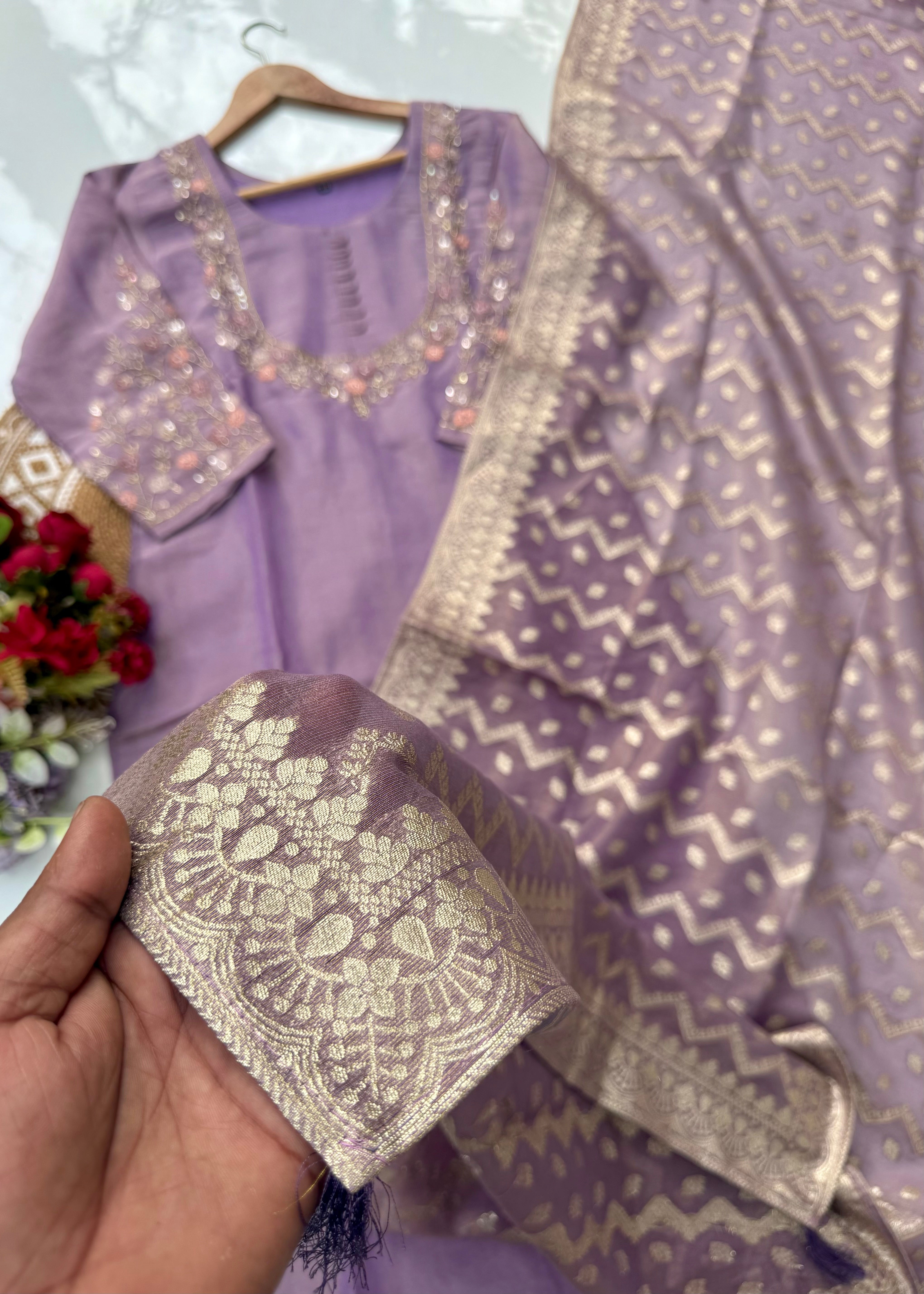 “Nayab” Premium Tissue silk handcrafted kurta set