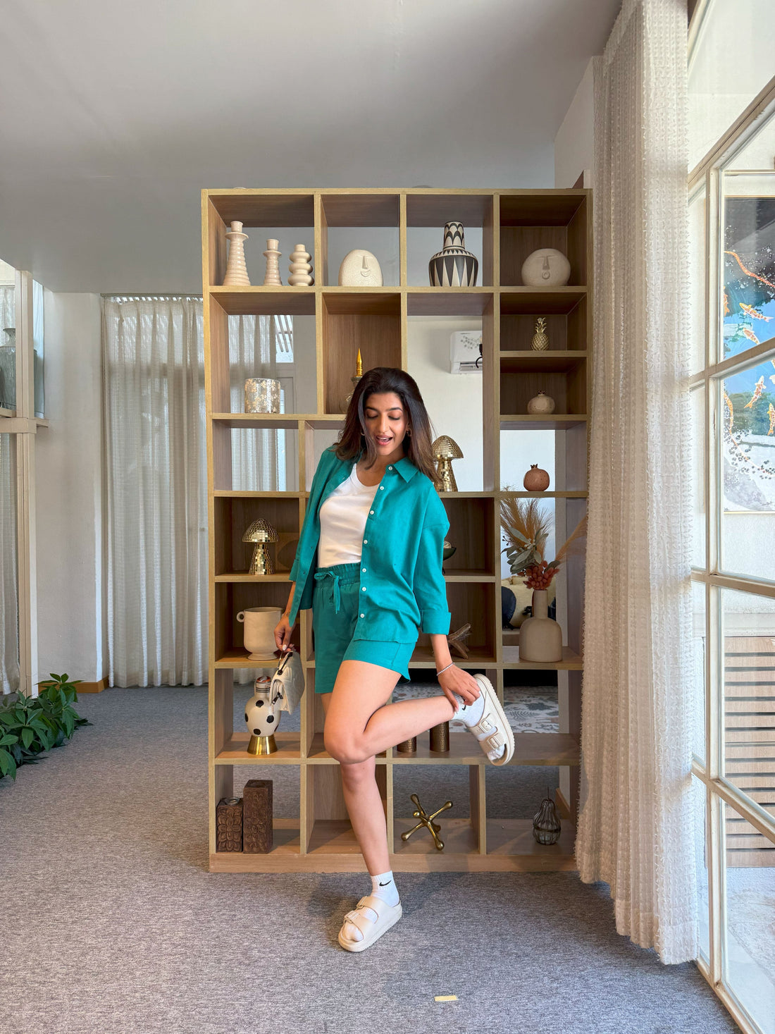 Teal - Oversized Linen-Cotton Shirt & Shorts Set
