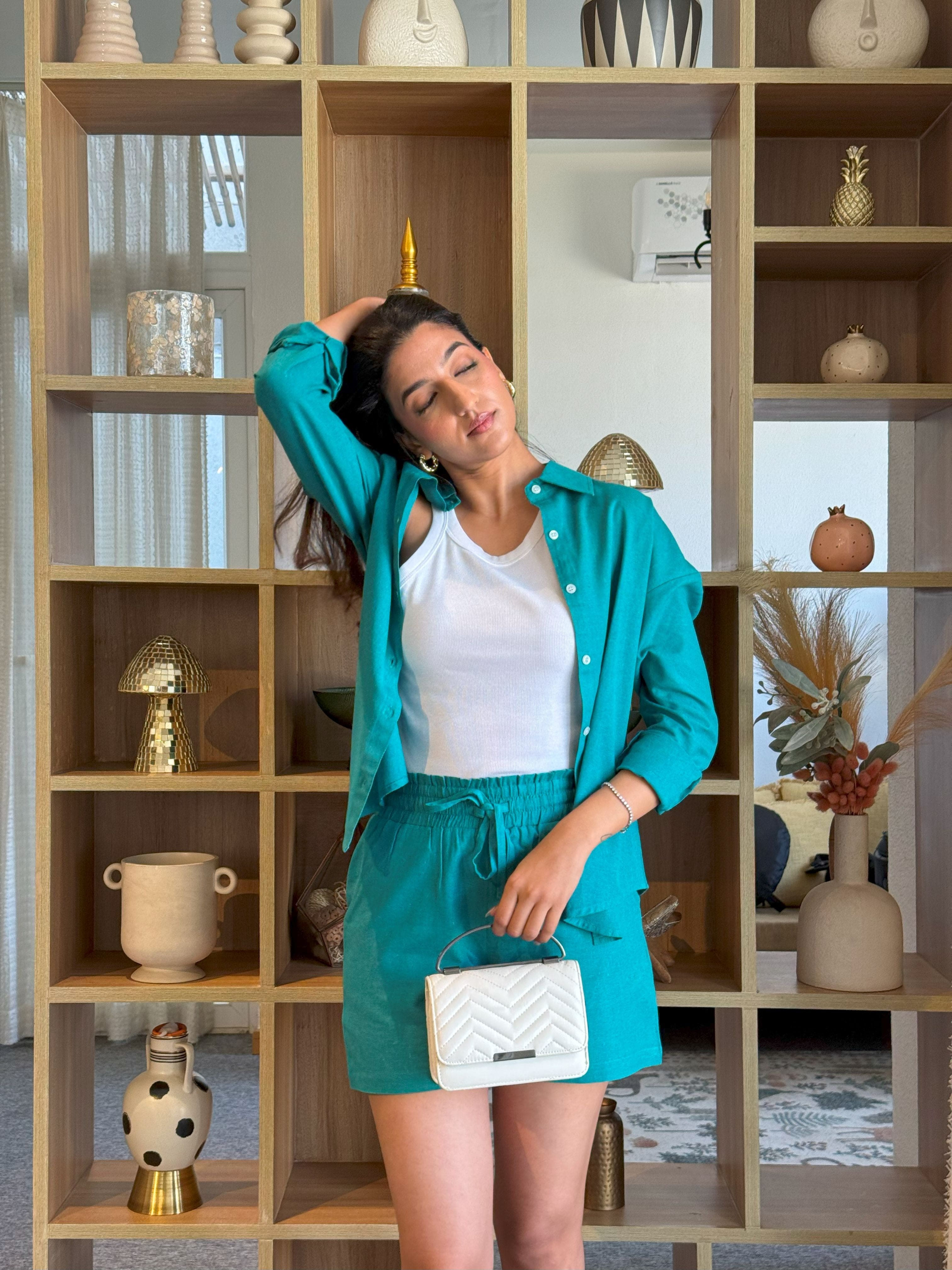 Teal - Oversized Linen-Cotton Shirt & Shorts Set