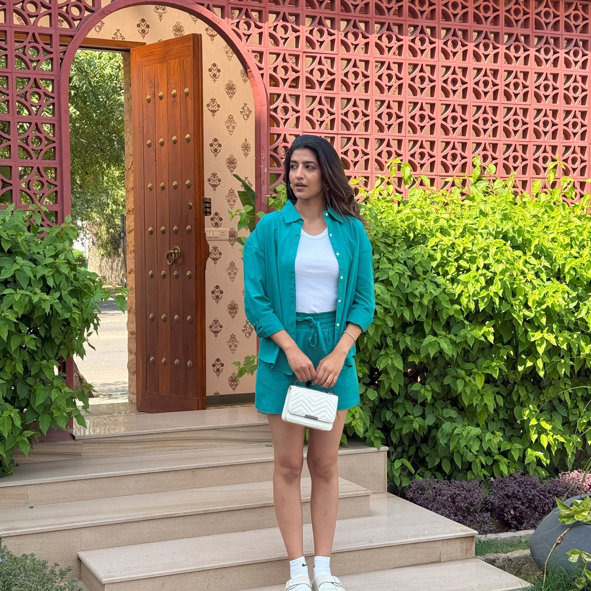 Teal - Oversized Linen-Cotton Shirt & Shorts Set