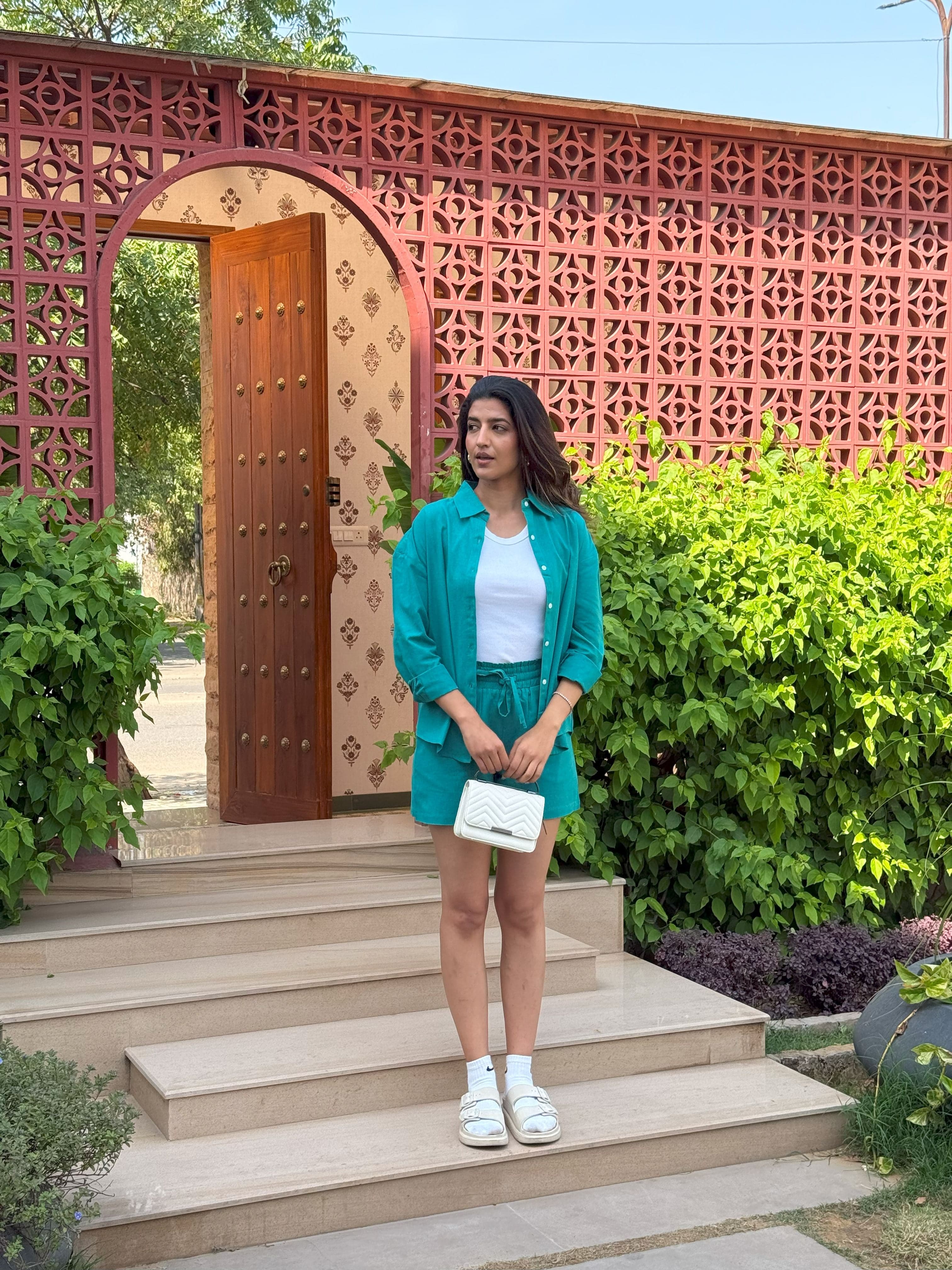 Teal - Oversized Linen-Cotton Shirt & Shorts Set