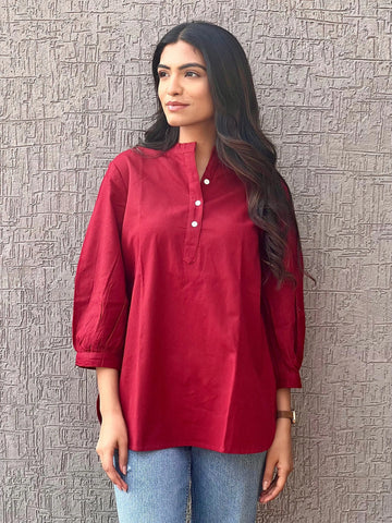 Red - Pure Linen Short Kurta
