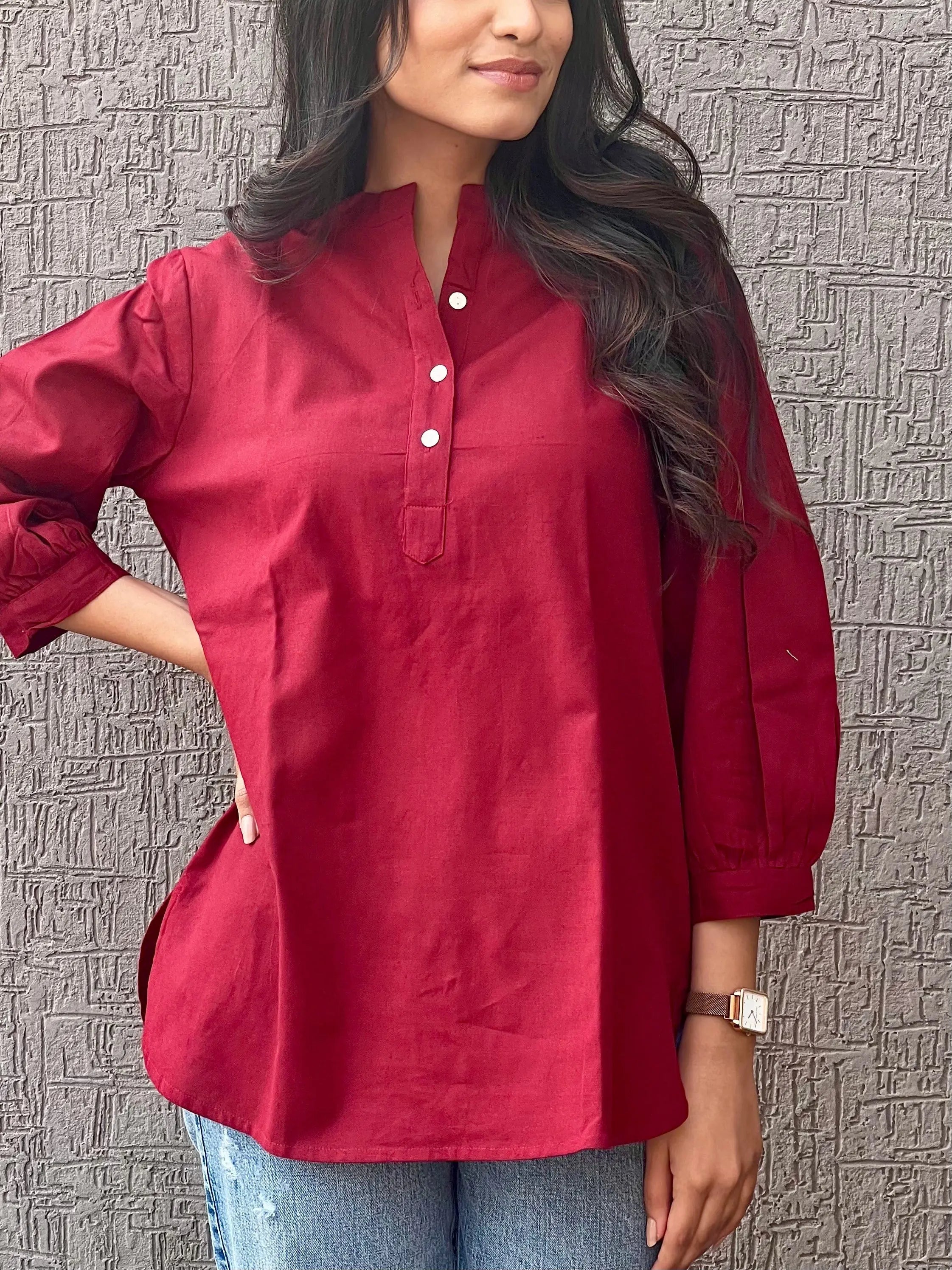 Red - Pure Linen Short Kurta
