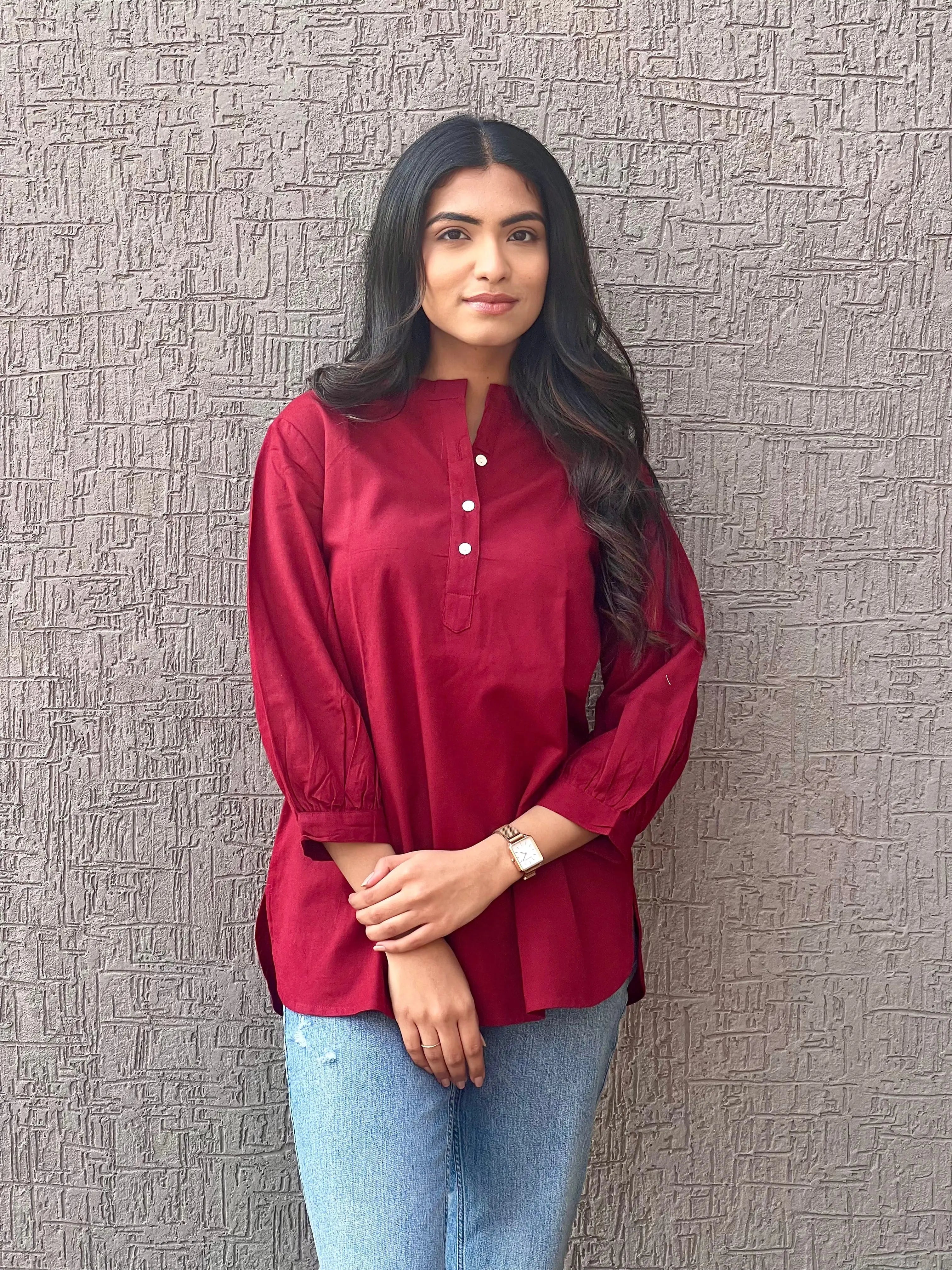 Red - Pure Linen Short Kurta