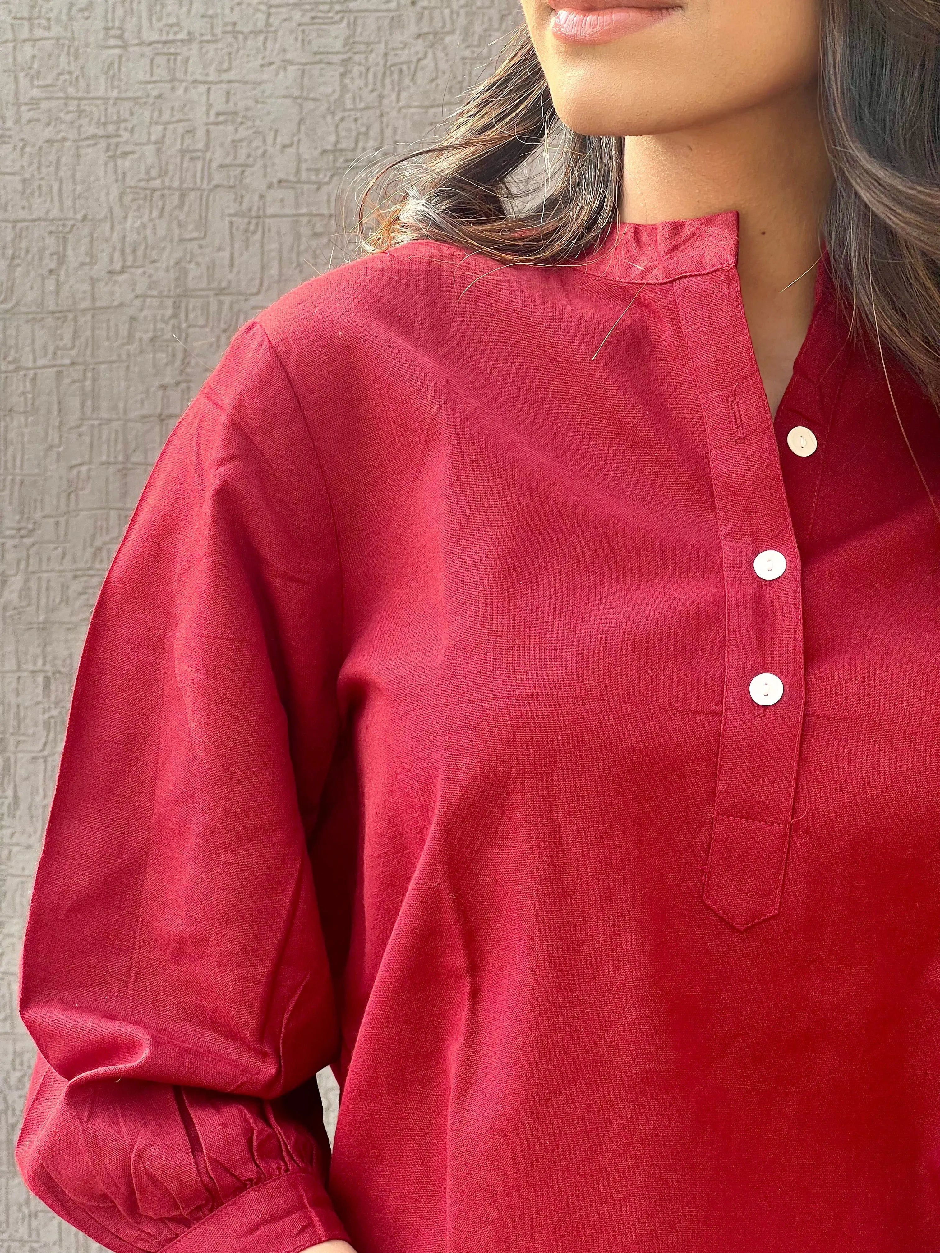 Red - Pure Linen Short Kurta