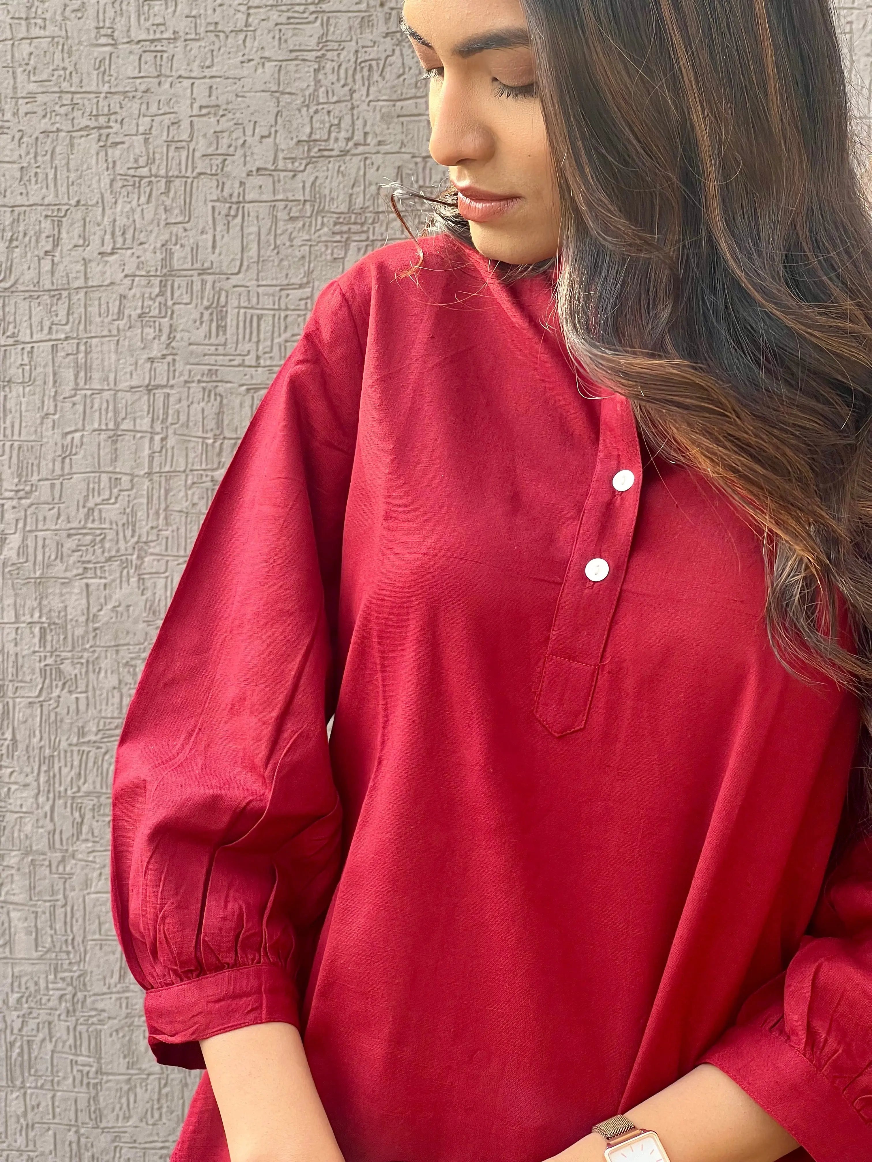 Red - Pure Linen Short Kurta