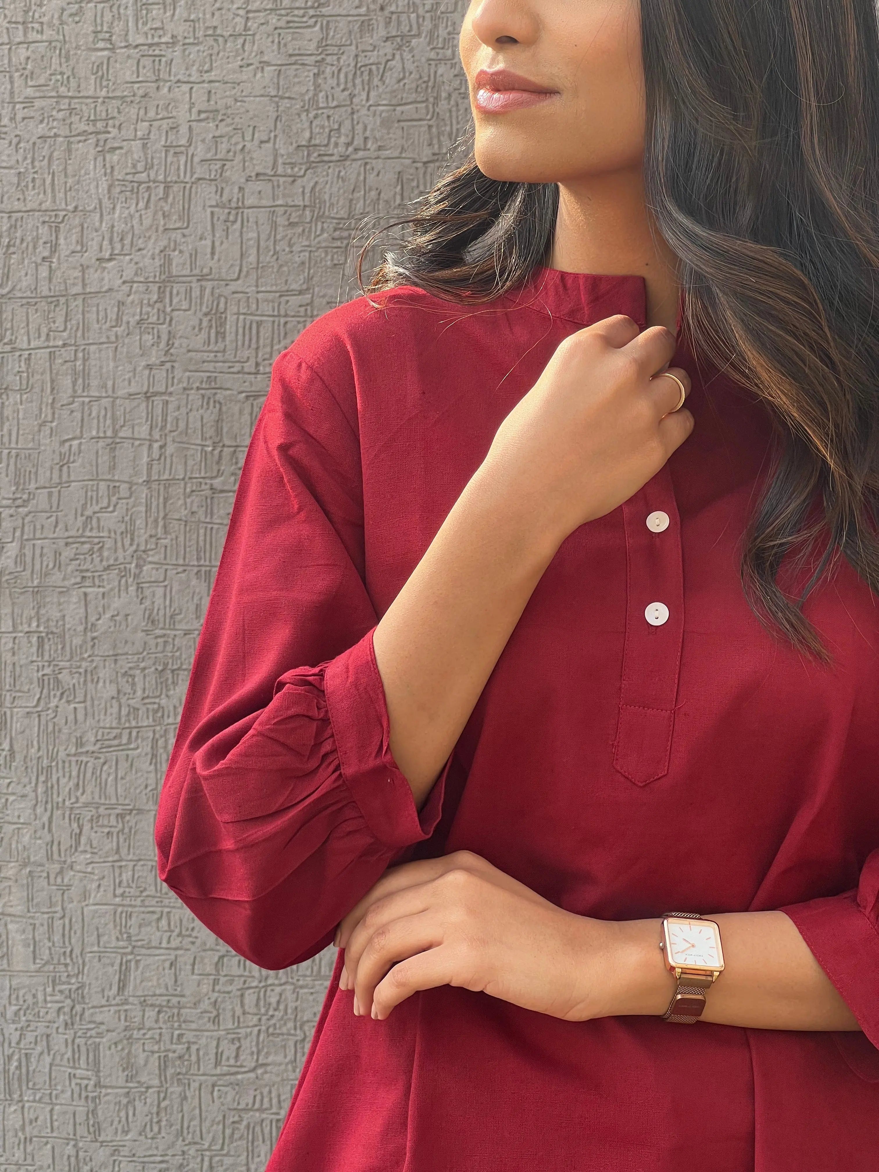 Red - Pure Linen Short Kurta