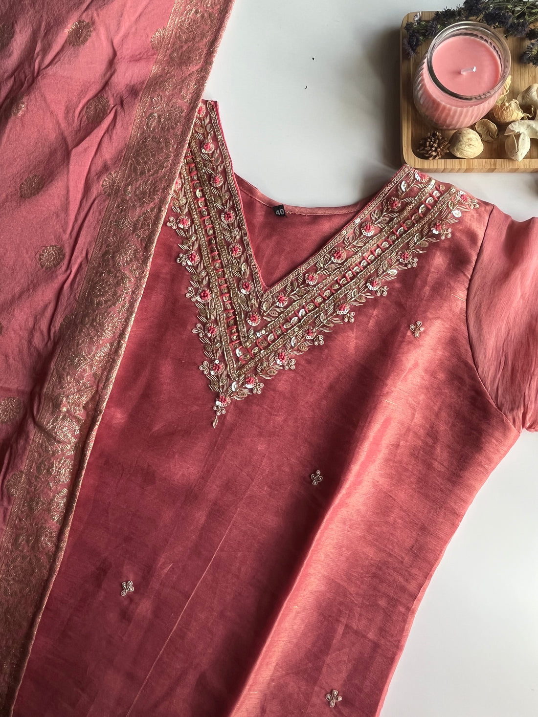 "Sandhya" Dusty Pink Tissue Silk Kurti Set