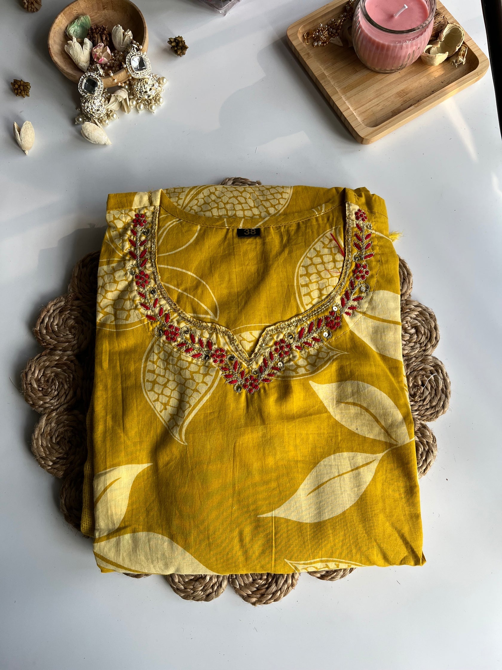 MRINALINI - Yellow Handwork Cotton Kurti Set