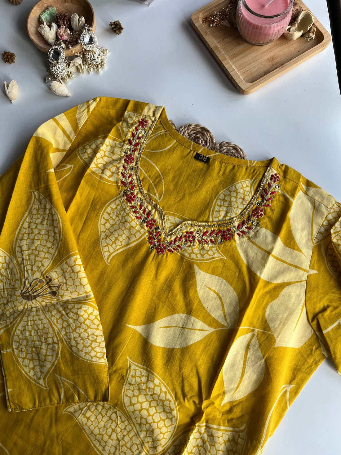 MRINALINI - Yellow Handwork Cotton Kurti Set