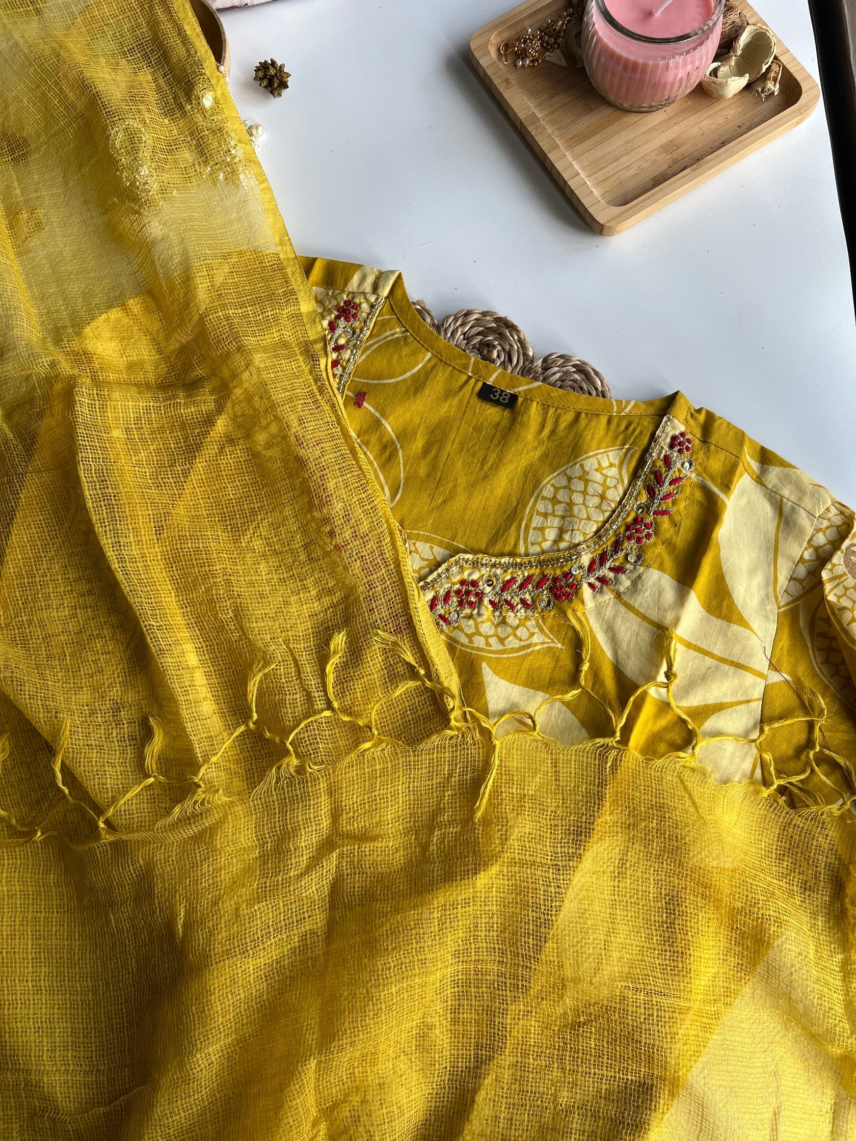 MRINALINI - Yellow Handwork Cotton Kurti Set