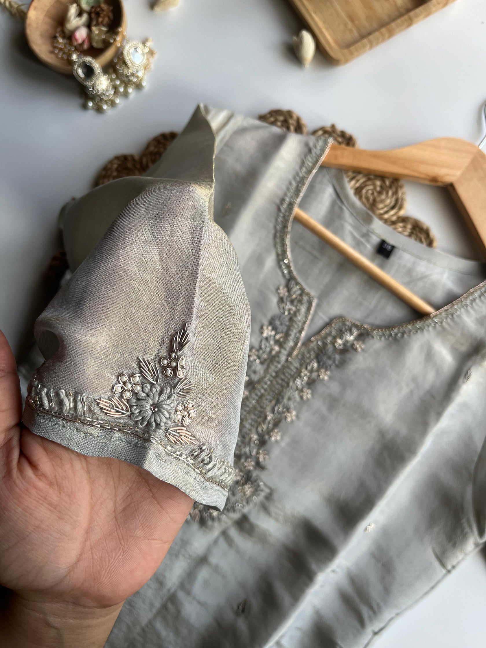Apsara - Silver Tissue Silk Kurta Set