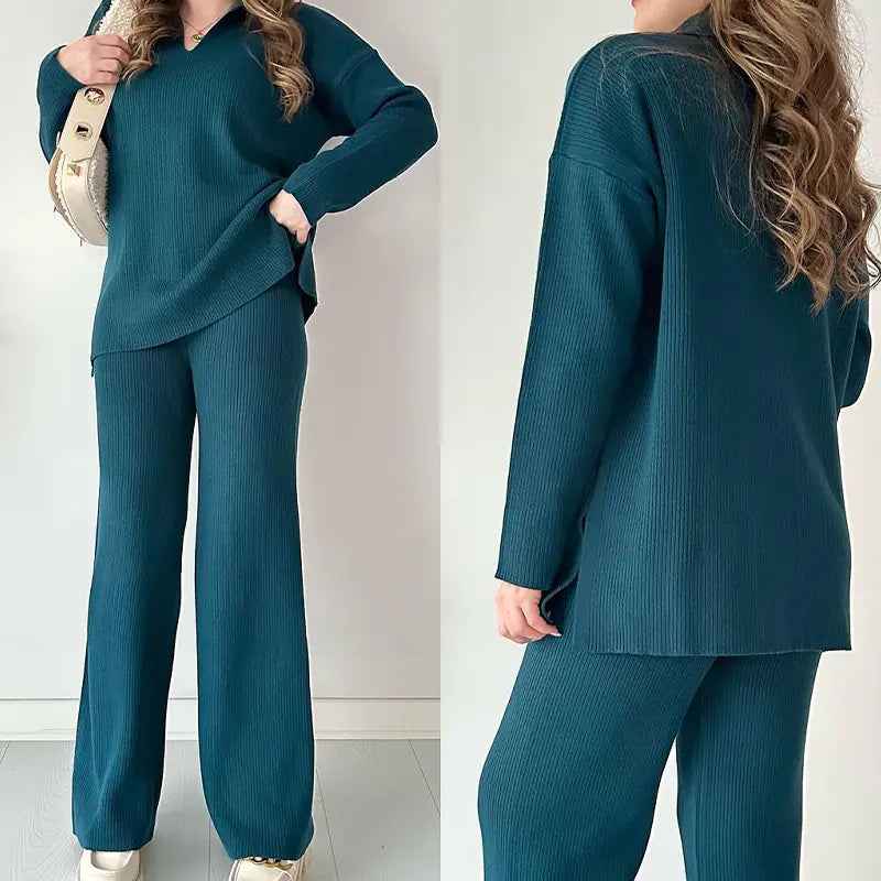 Winter V-Neck Casual Slit Knitted Two-Piece Set