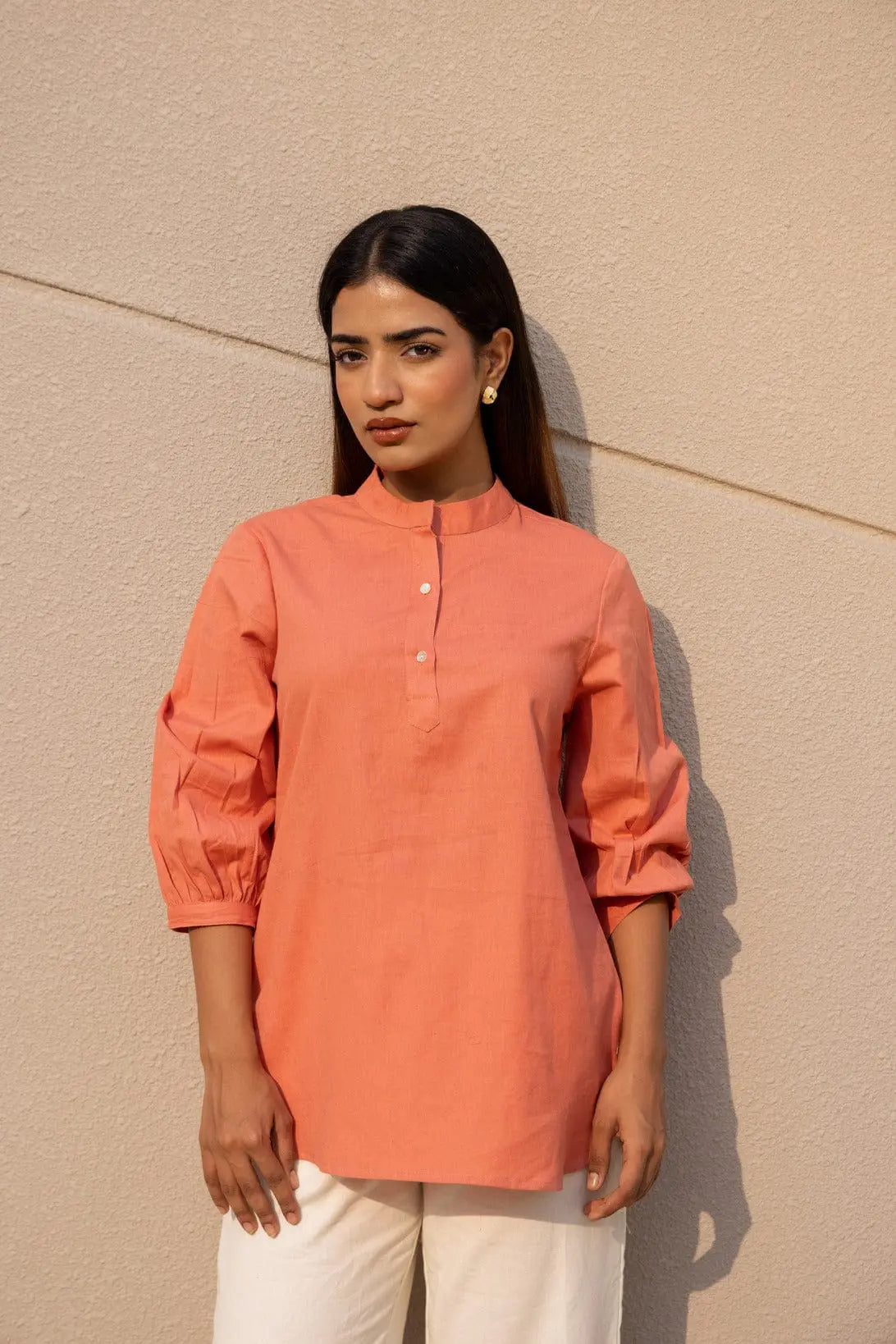 Peach - Pure Linen Short Kurta
