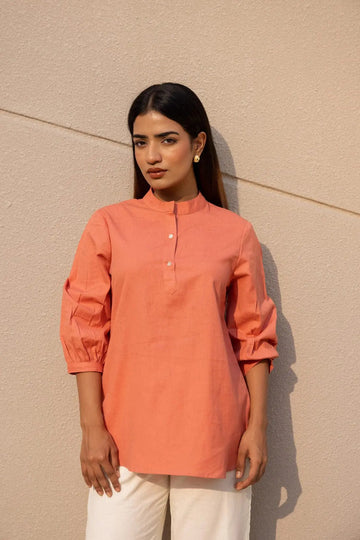 Peach - Pure Linen Short Kurta