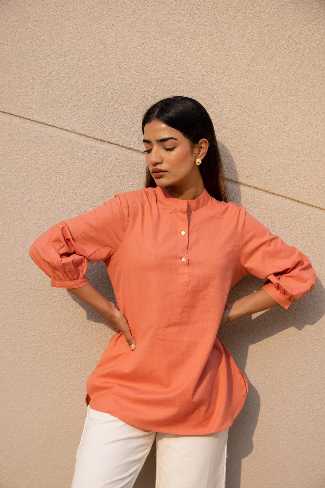 Peach - Pure Linen Short Kurta