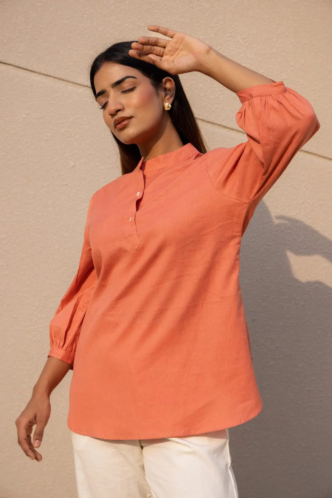 Peach - Pure Linen Short Kurta