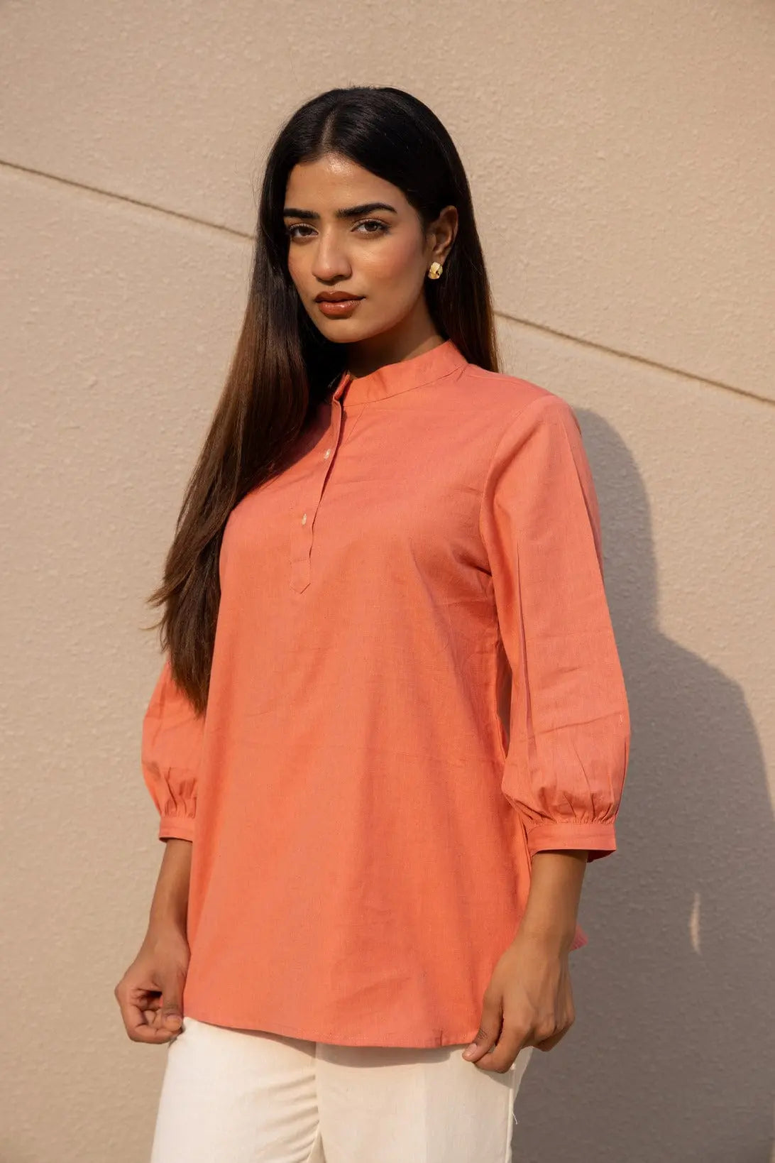Peach - Pure Linen Short Kurta