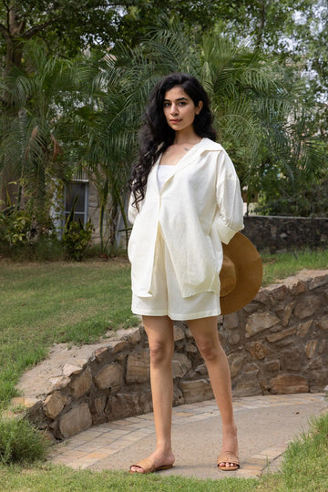 Ivory - Oversized Linen-Cotton Shirt & Shorts Set