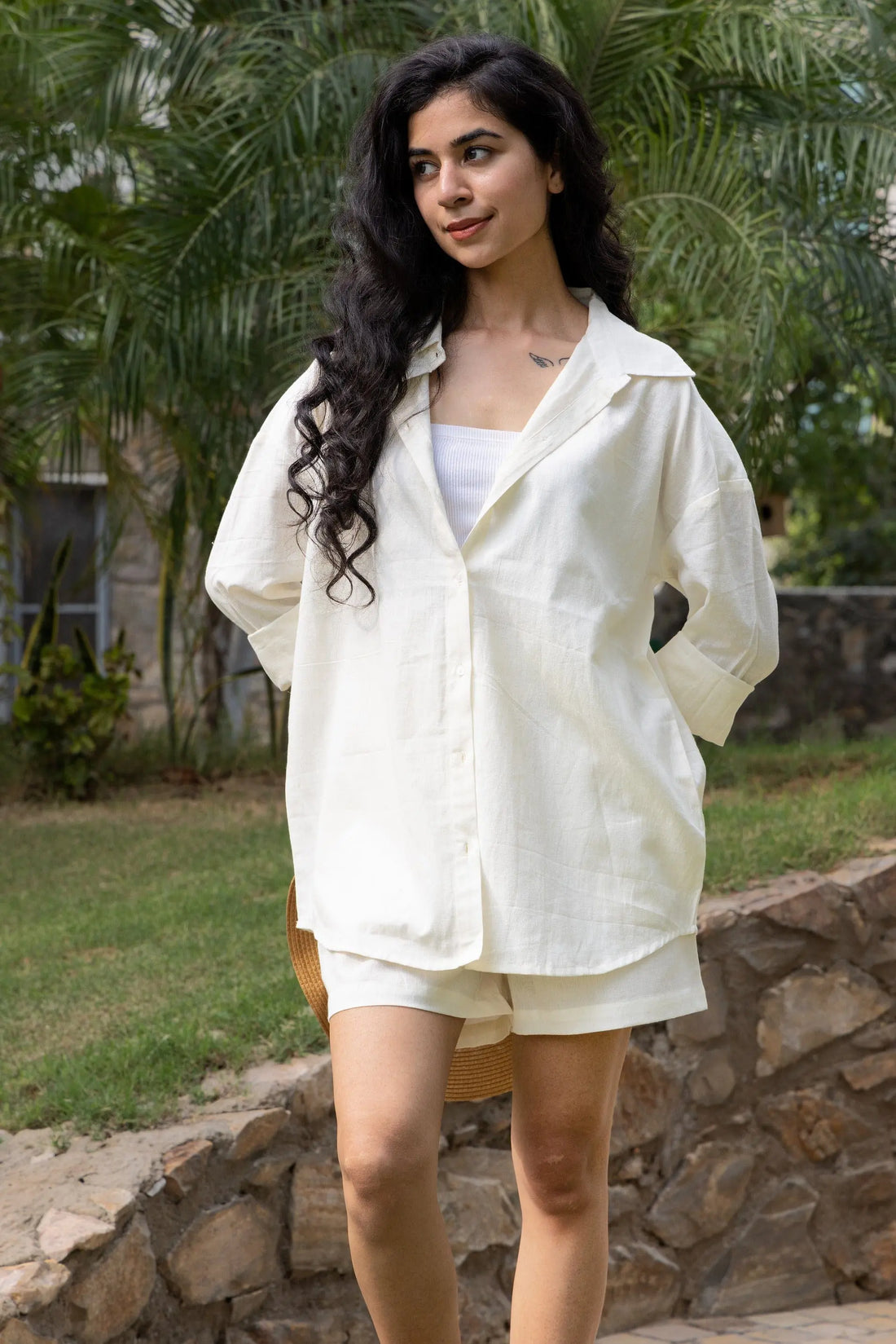 Ivory - Oversized Linen-Cotton Shirt & Shorts Set