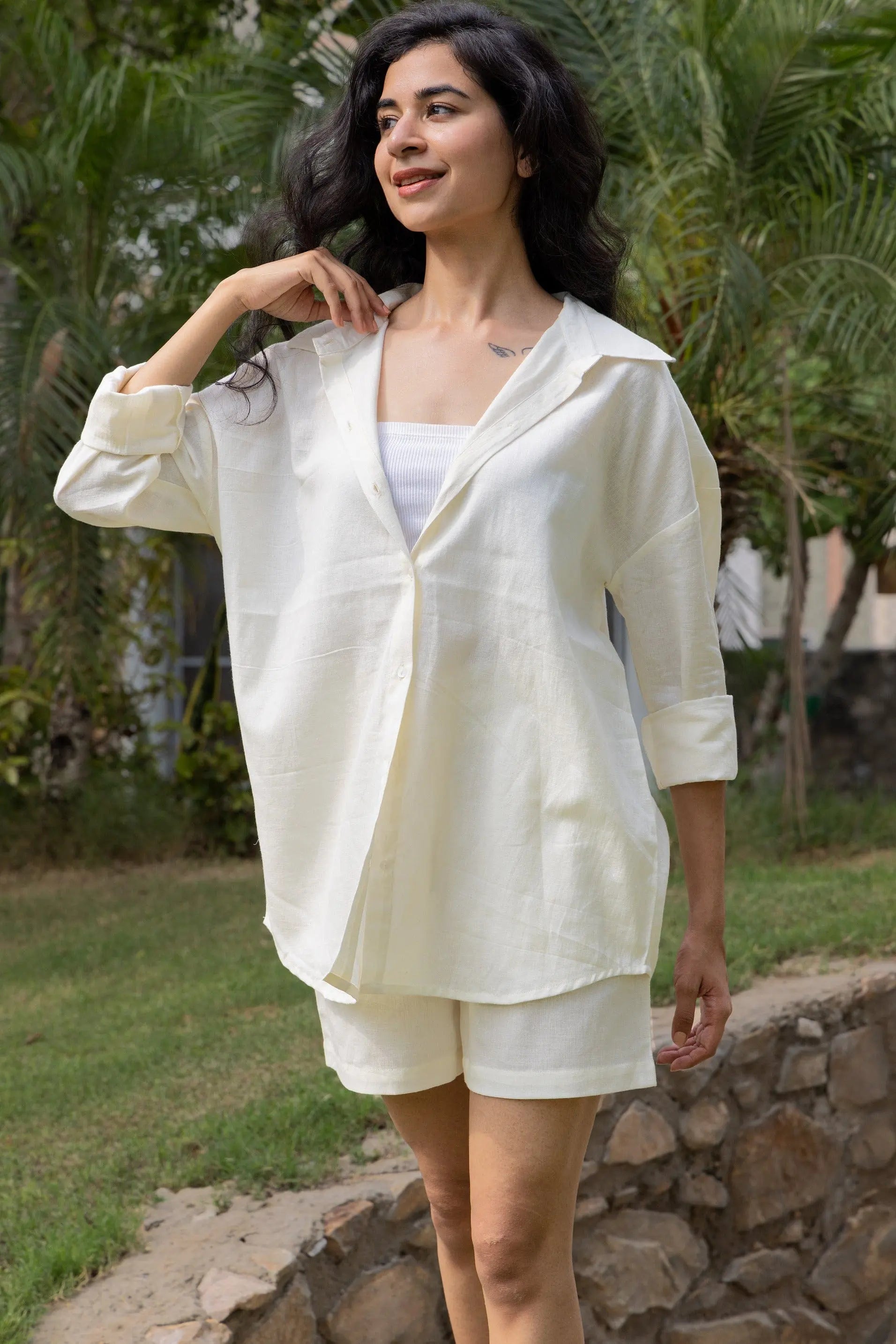 Ivory - Oversized Linen-Cotton Shirt & Shorts Set