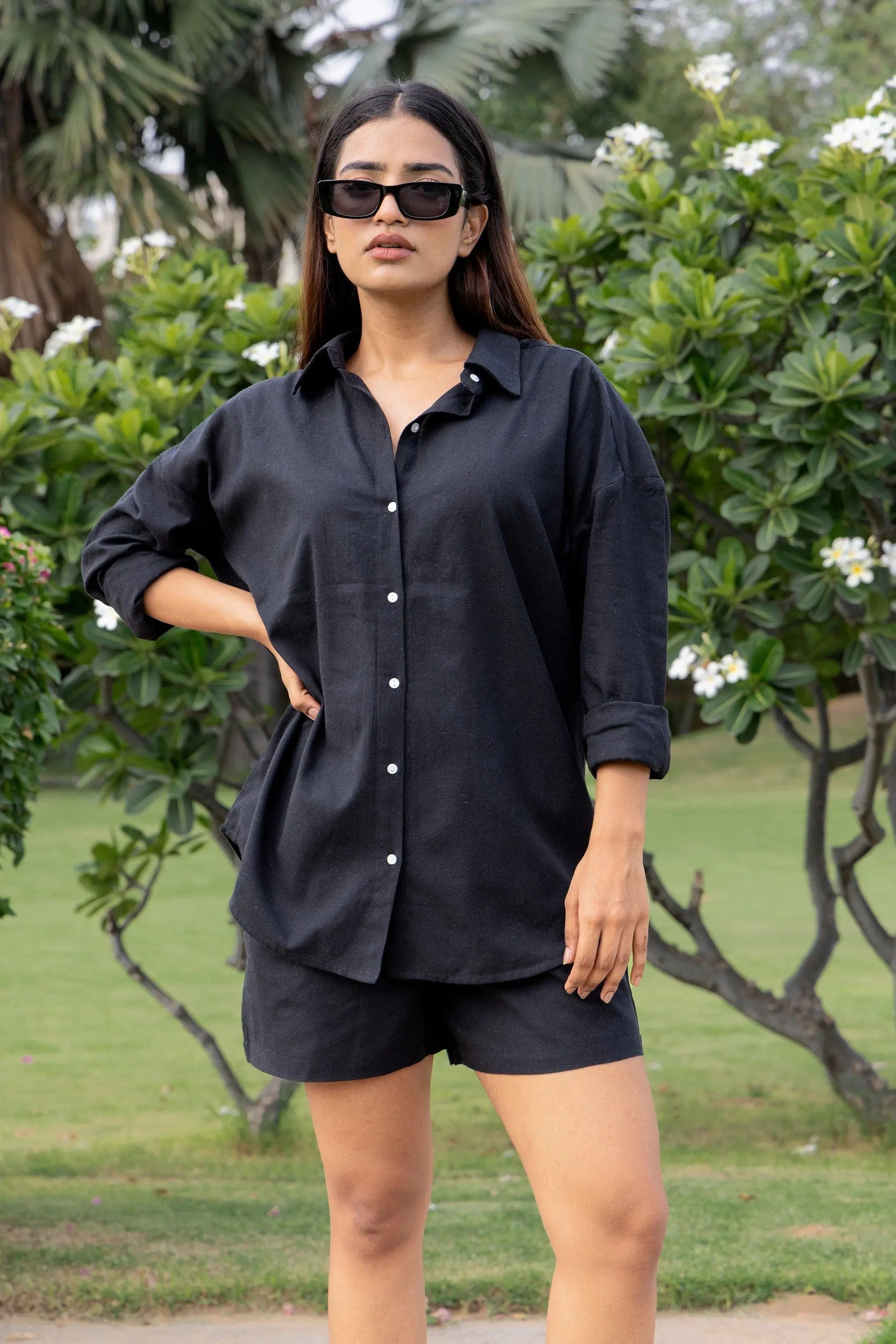Black - Oversized Linen-Cotton Shirt & Shorts Set